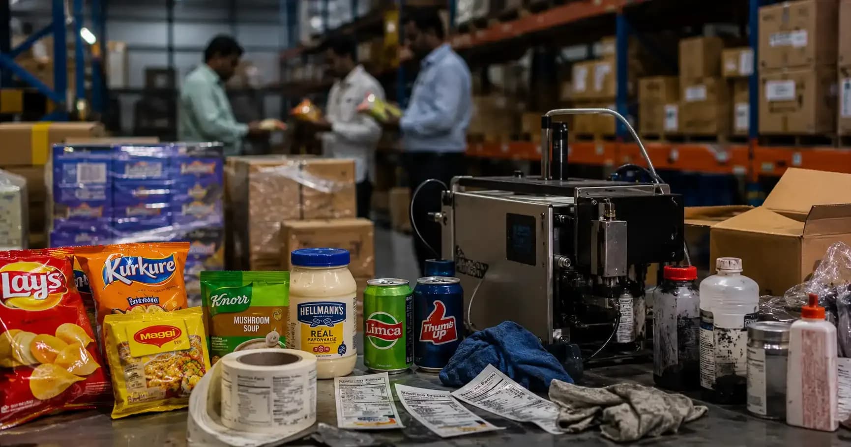Food products and packaging materials in a Navi Mumbai warehouse alongside a label-printing machine, illustrating the alleged expiry-date and nutrition-label tampering racket.