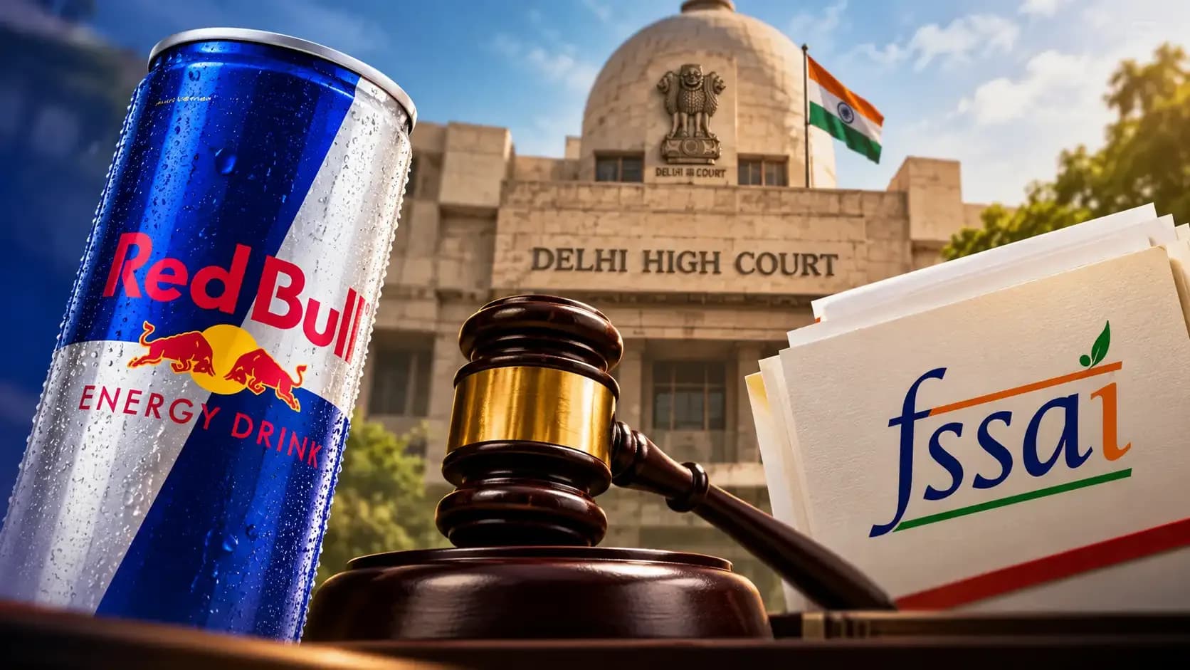 Red Bull energy drink can with Delhi High Court and FSSAI documents, representing the court ruling on Red Bull’s energy drink label dispute