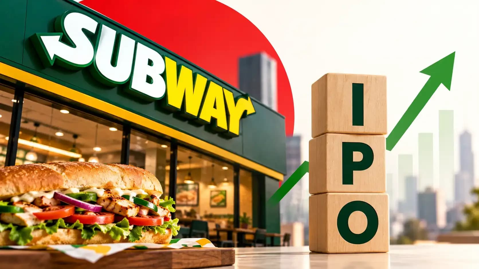 Subway restaurant and sandwich alongside IPO graphics representing EverBrands India’s proposed ₹600 crore IPO