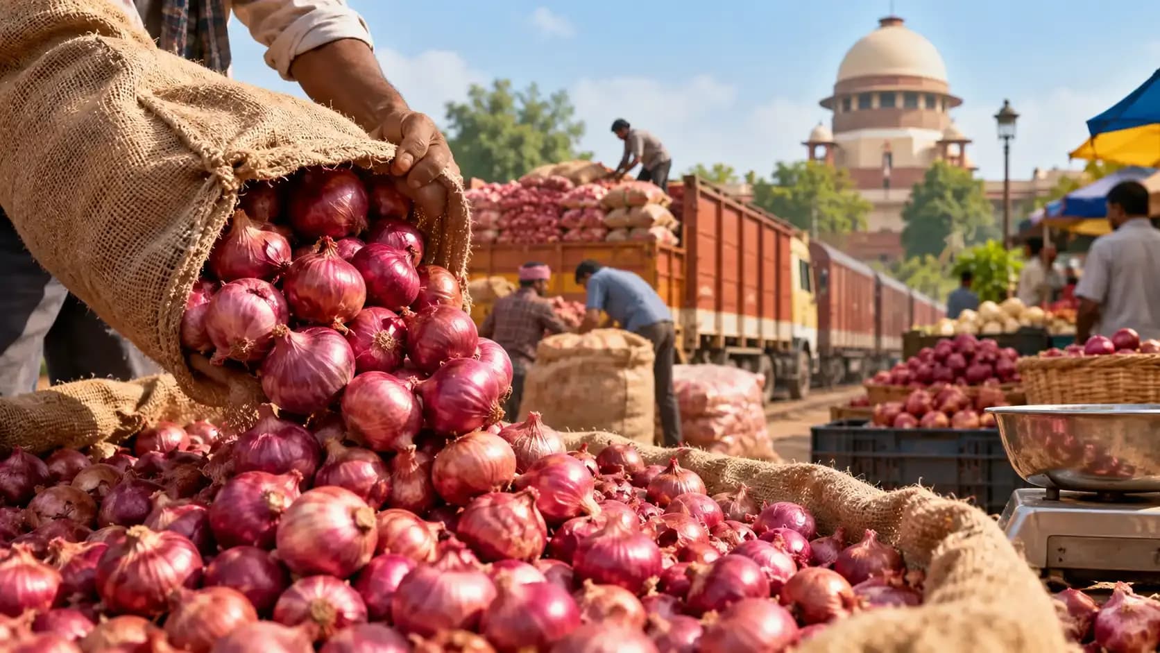 Government buffer onions being loaded and distributed at a busy Indian wholesale market as part of efforts to control rising onion prices.