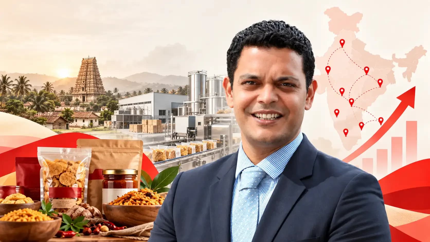 Arovia Consumer founder Prashant Parameswaran with Indian regional packaged food products, food manufacturing facilities and an India distribution map representing the company's ₹100 crore investment strategy backed by Fireside Ventures.