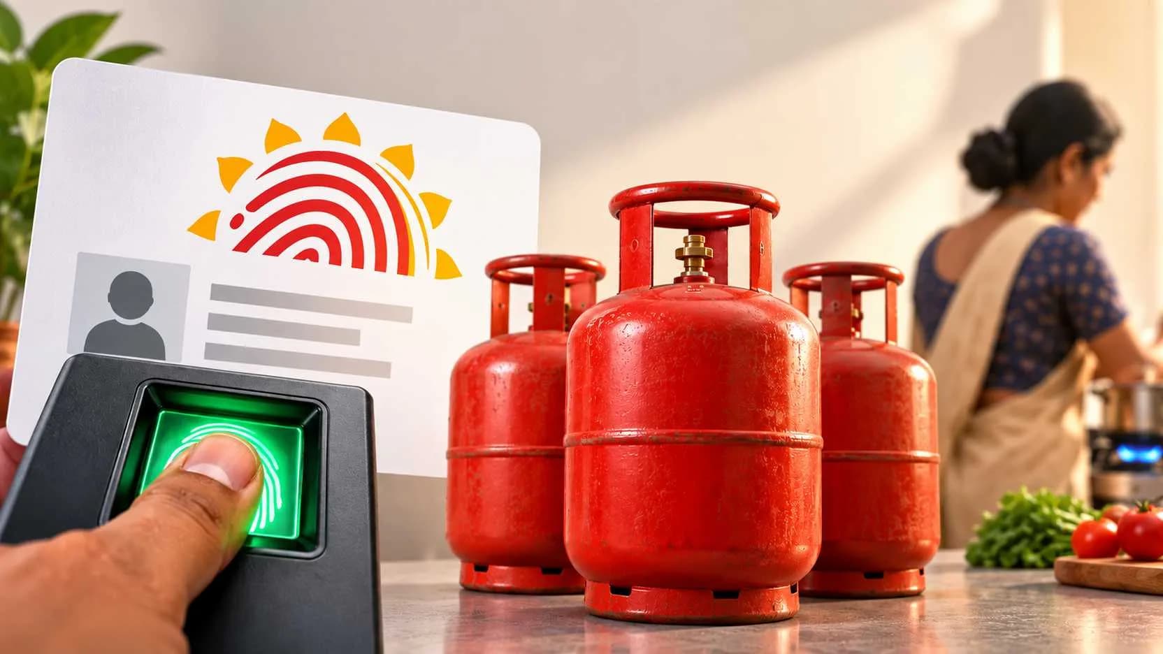 LPG cylinders and biometric Aadhaar authentication scanner highlighting the new subsidy rule for domestic LPG refills from October 1, 2026.