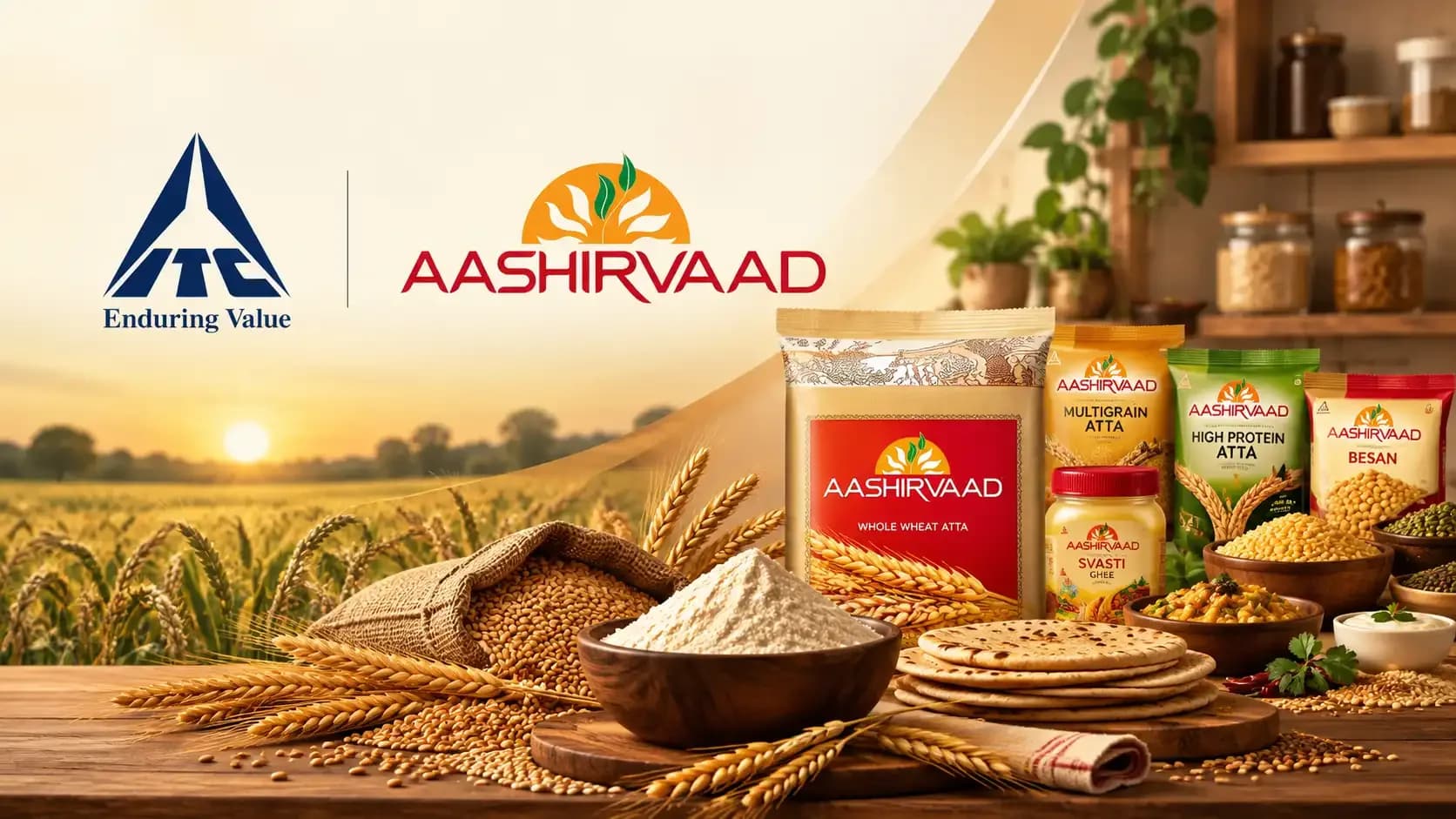 ITC and Aashirvaad branding alongside wheat, flour, rotis, grains, pulses and packaged food products, representing Aashirvaad's expansion from atta into a broader multi-category food business.