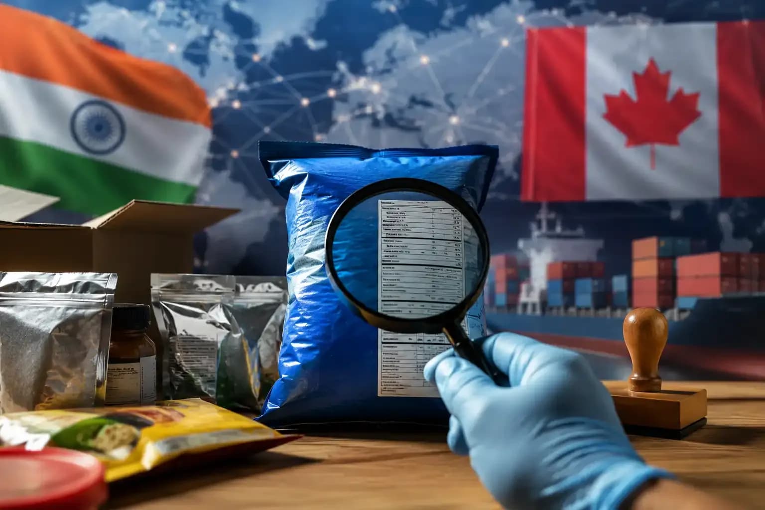 Food safety inspection of packaged food labels highlighting the Canada-India food export and food fraud investigation, with Indian and Canadian flags, shipping containers and an inspector examining product packaging