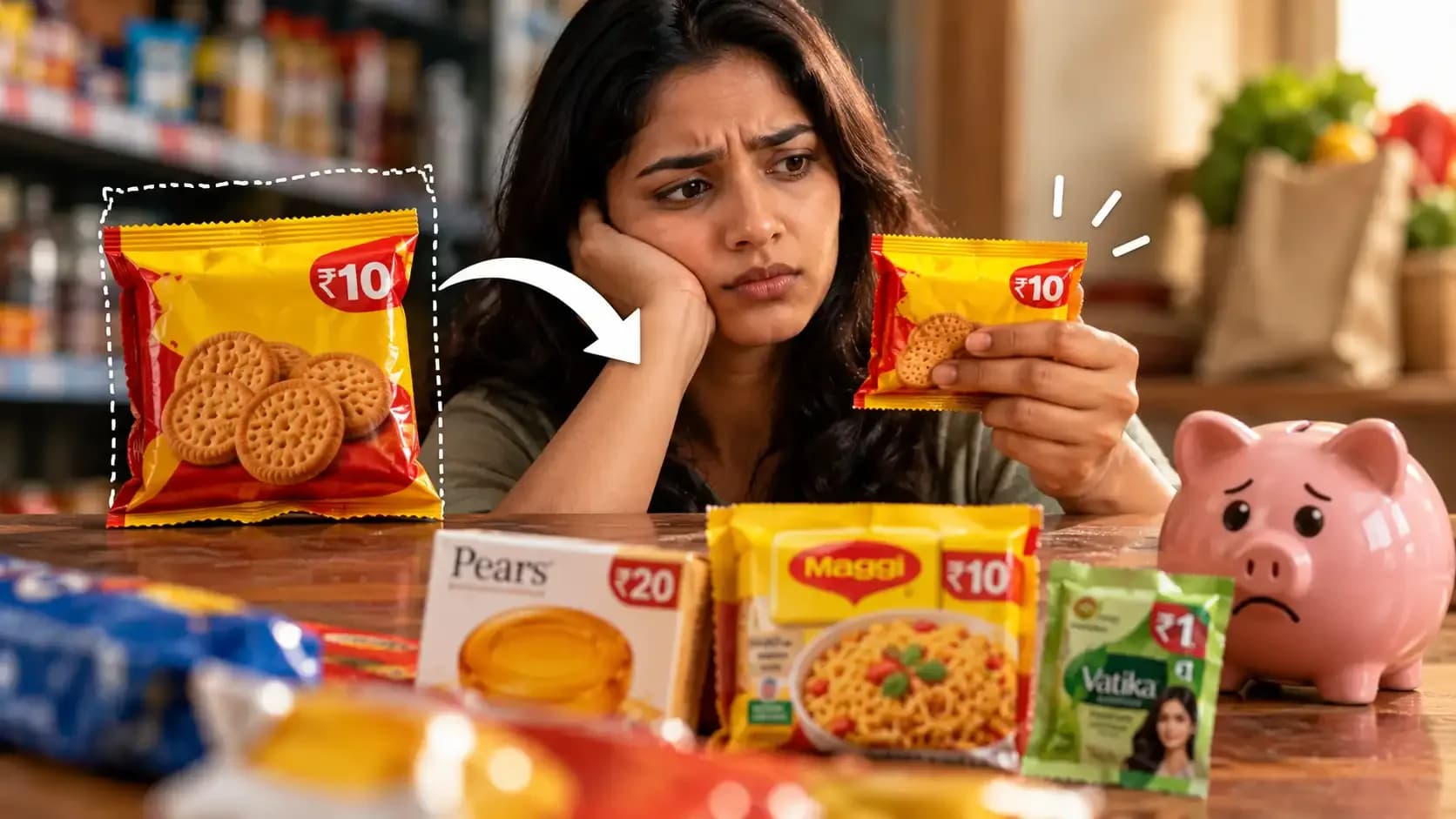 Indian consumer examining a smaller ₹10 FMCG packet while comparing it with a larger pack, illustrating shrinkflation and rising effective prices for the same MRP.