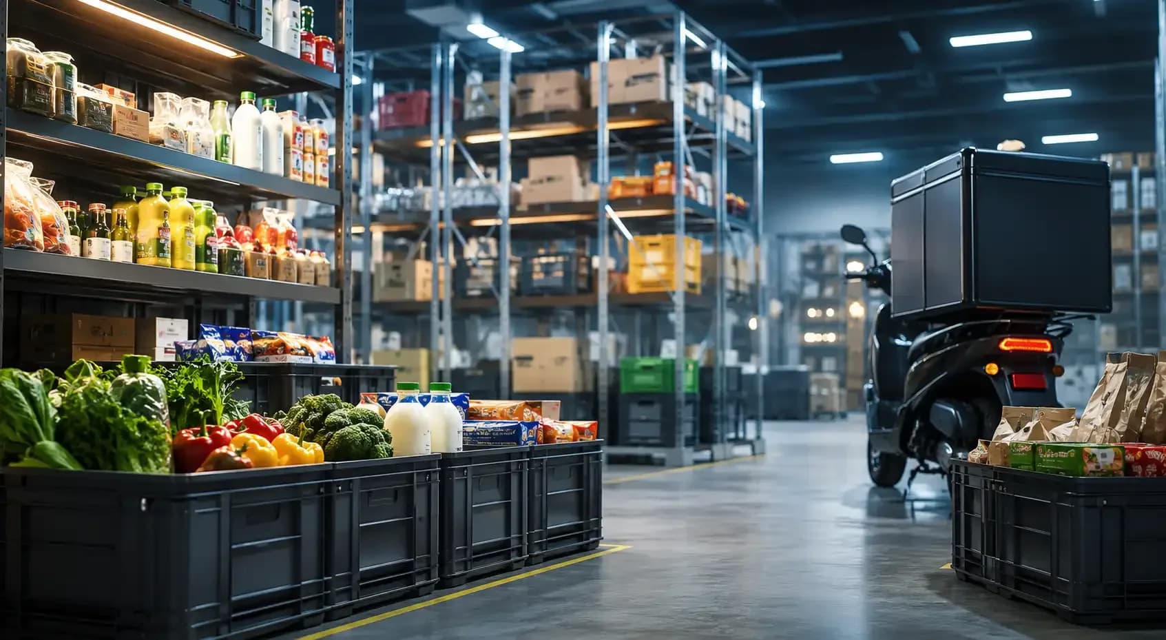 Quick-commerce dark store warehouse with FMCG products, fresh produce, organized storage racks and delivery scooter, highlighting food storage and safety concerns.