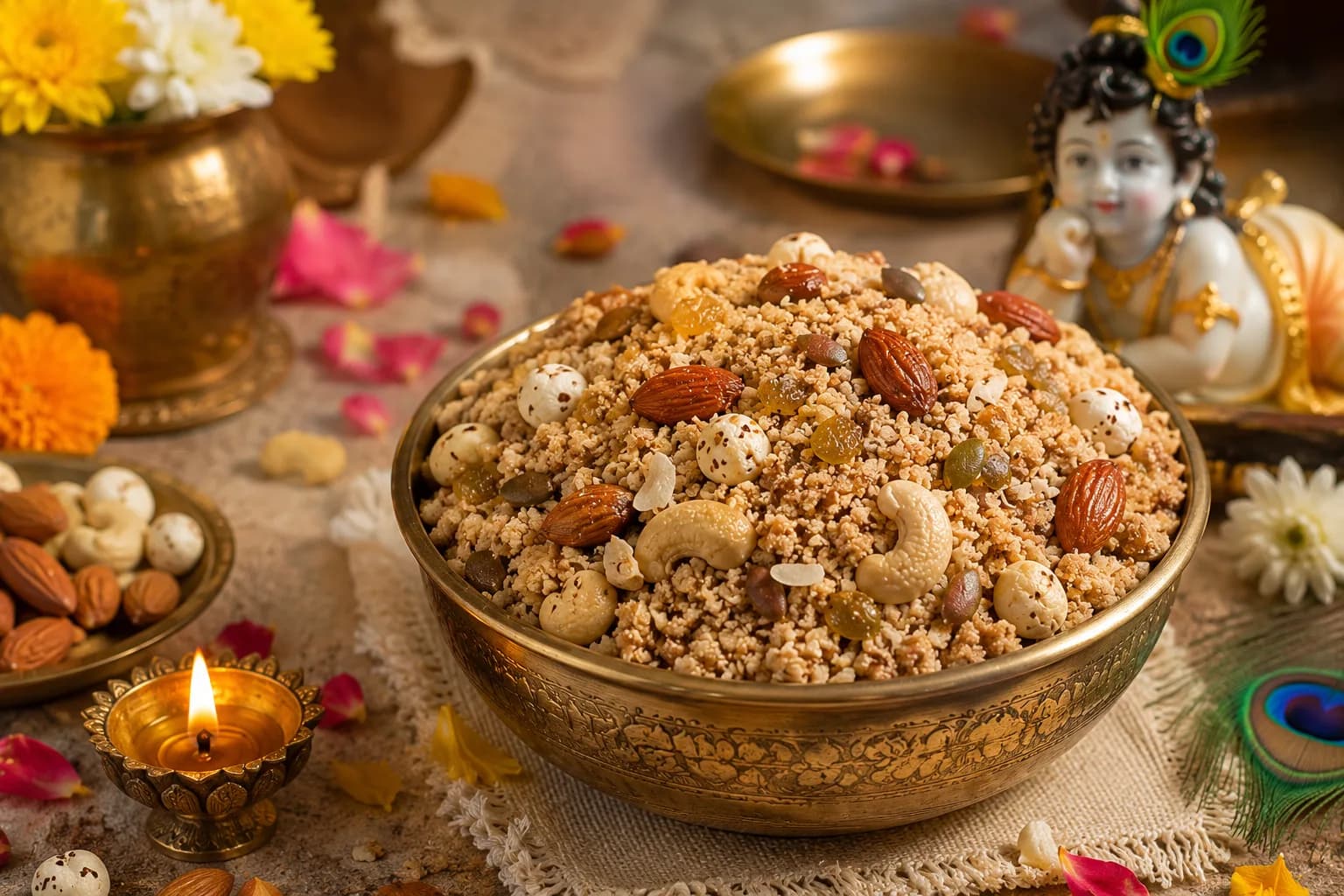 Janmashtami special homemade Panjiri served in a traditional brass bowl with nuts, seeds and makhana, decorated with a diya, flowers and a Krishna idol in the background.