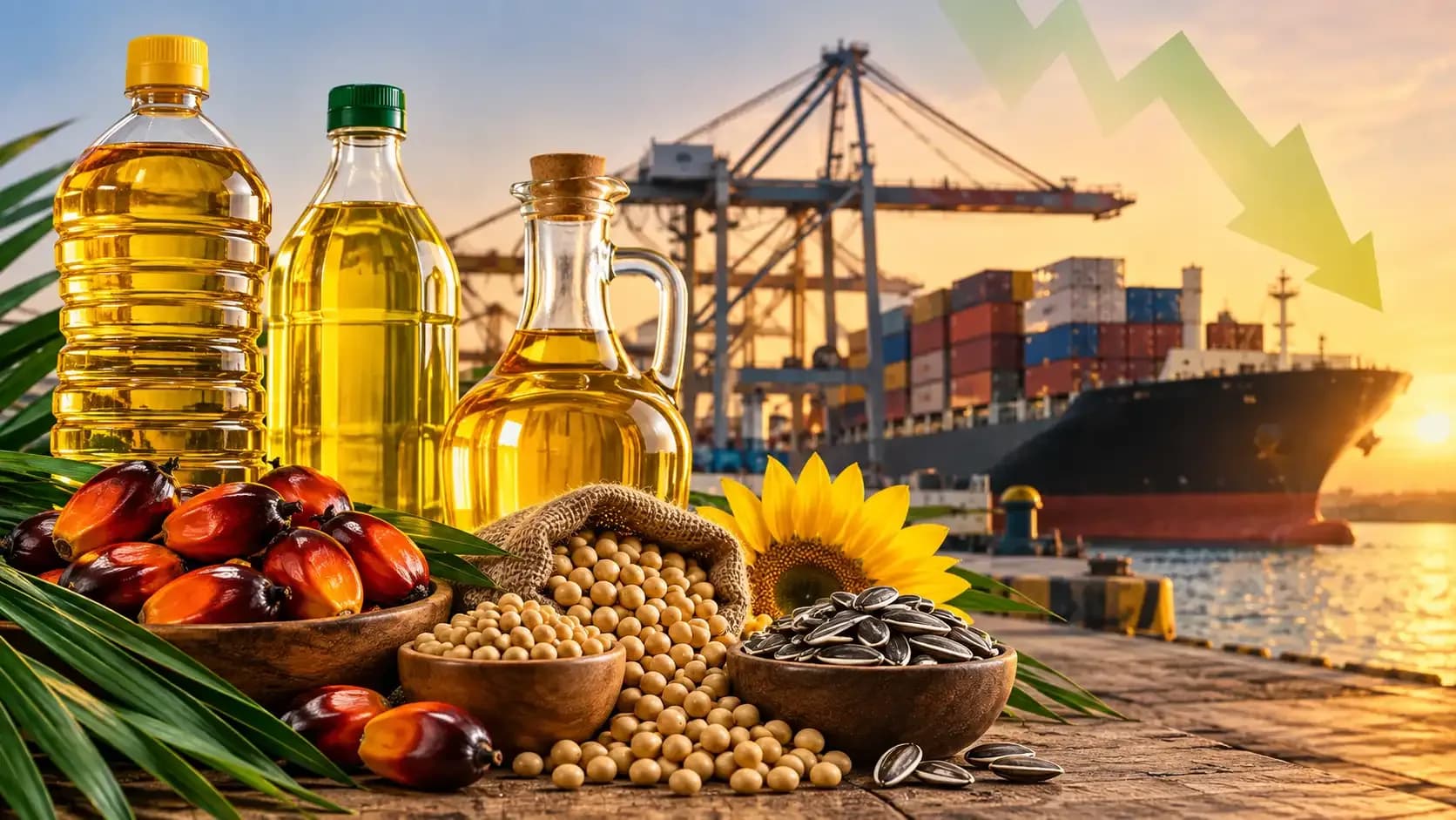 Cooking oil bottles and palm, soybean and sunflower seeds at an Indian shipping port, representing India's edible oil import duty cut and potential impact on cooking oil prices.