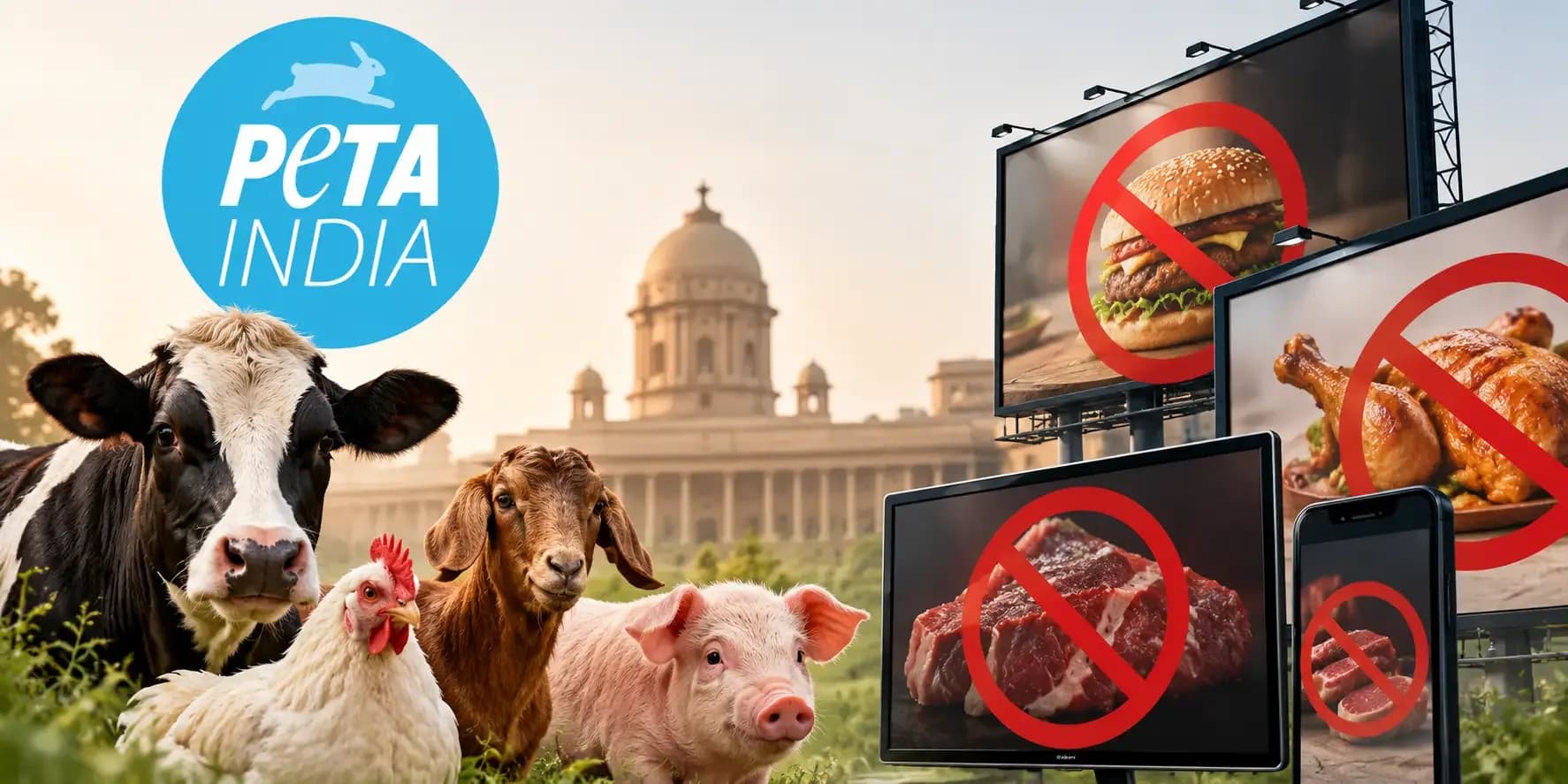 PETA India urges the Centre to ban meat advertisements nationwide from October 2, featuring animals and meat advertising displays with prohibition symbols.