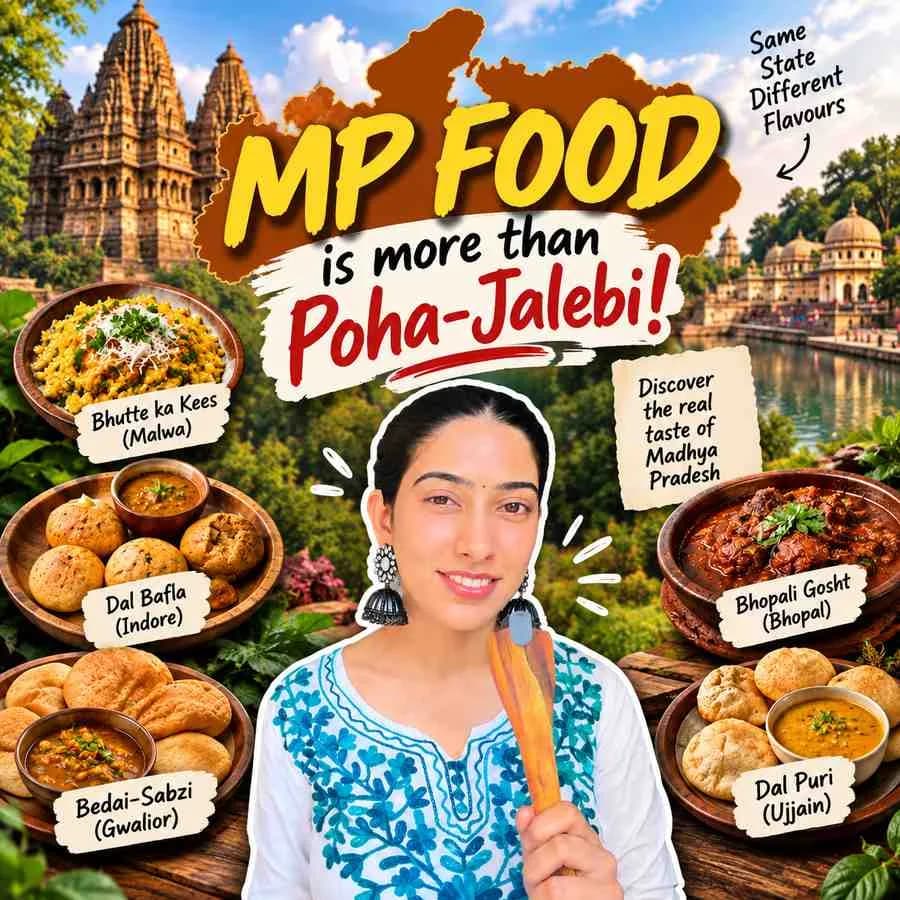Madhya Pradesh food banner featuring a smiling woman holding a wooden spatula, surrounded by Dal Bafla, Bhutte Ka Kees, Bedai-Sabzi, Bhopali Gosht and Dal Puri, with the headline “MP Food is More Than Poha-Jalebi!” and visuals representing the diverse food culture of Madhya Pradesh.
