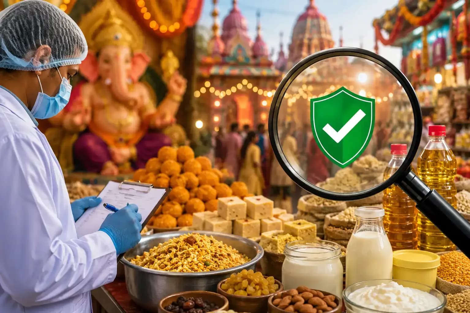 Maharashtra FDA food safety inspection at an Indian festival market, with an officer checking sweets, dairy products, snacks, grains and edible oils.