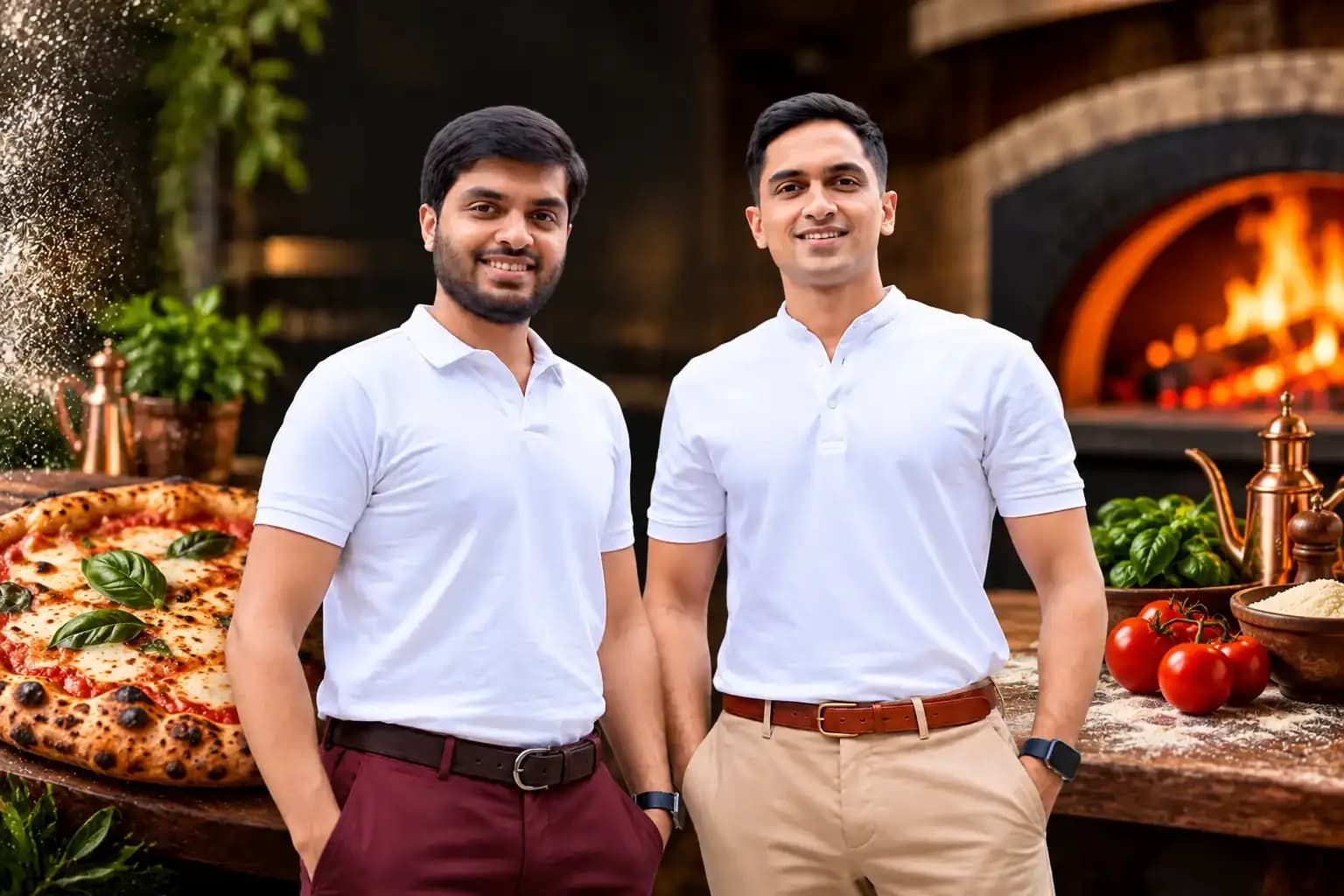 The founders of Popo Global, parent company of The Pizza Bakery, standing inside a wood-fired pizzeria with a freshly baked pizza and oven in the background.