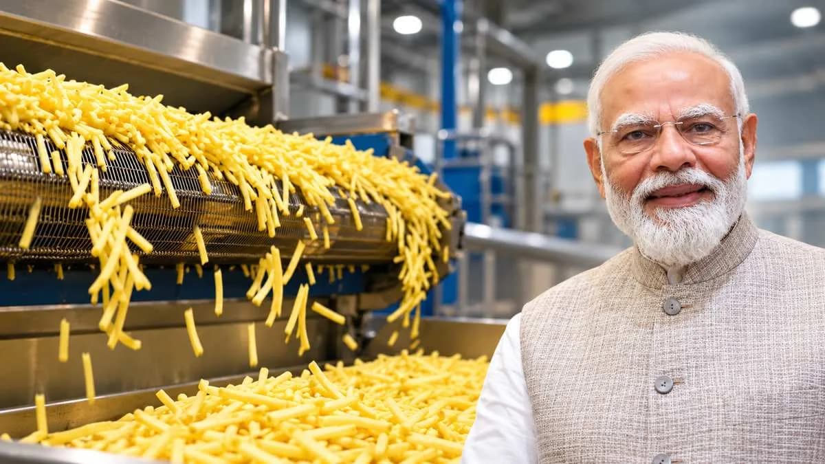 Prime Minister Narendra Modi alongside an industrial French fries processing line, highlighting Banas Dairy’s ₹51.65 crore potato processing plant expansion in Gujarat.