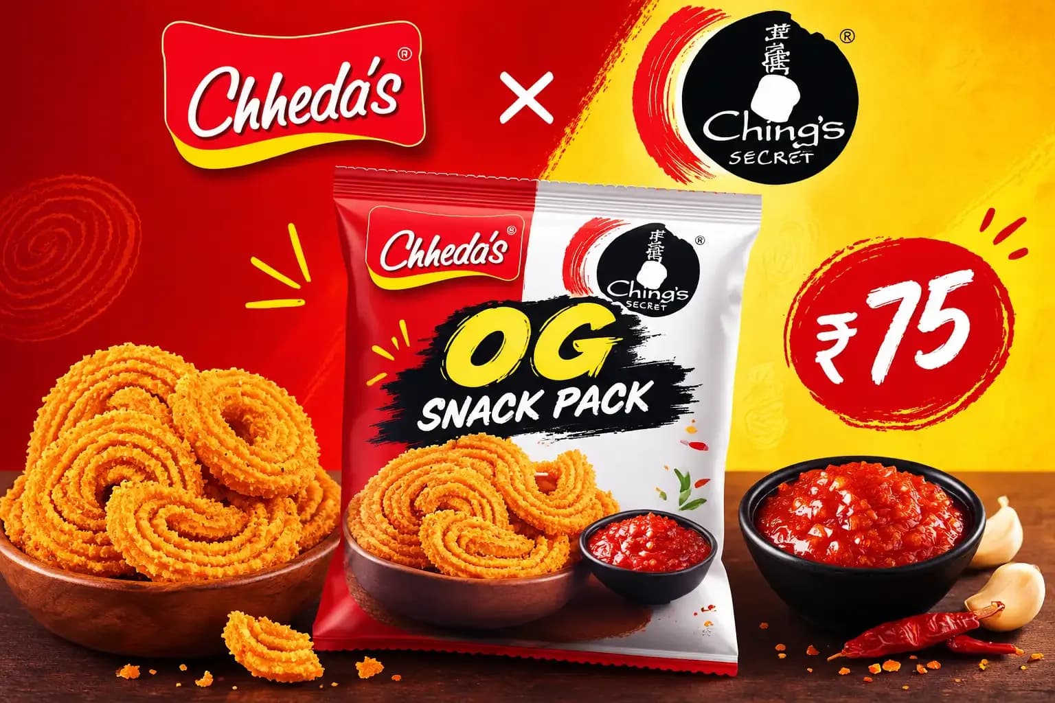 Illustrative banner depicting Chheda’s chakli paired with Ching’s Secret Schezwan chutney for the OG Snack Pack collaboration announced at ₹75.