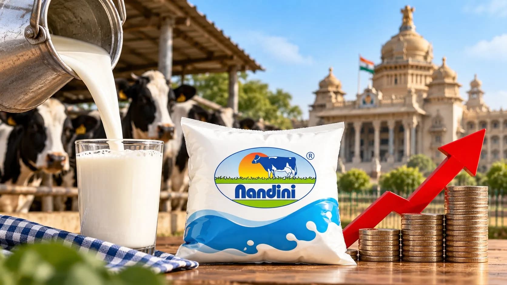 Nandini milk price hike in Karnataka, showing a Nandini milk packet, fresh milk being poured into a glass, dairy cows, and an upward red arrow beside stacks of coins, symbolising rising milk prices from November 1, 2026.