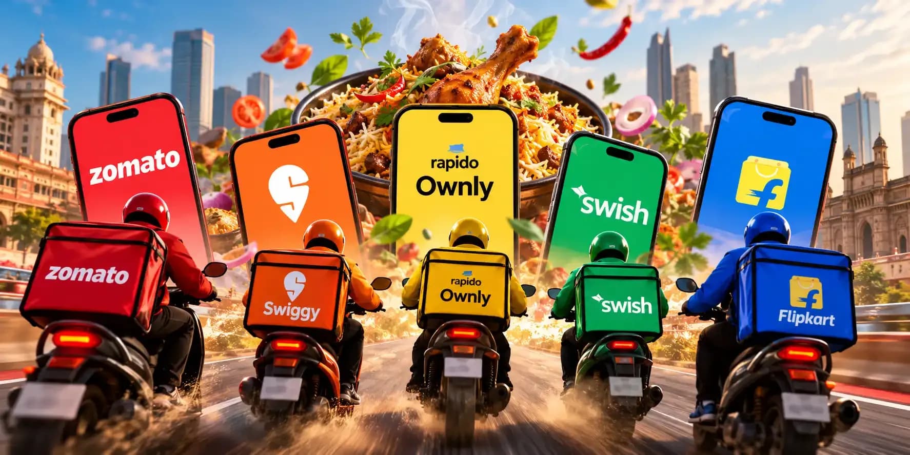 India’s food delivery competition featuring Zomato, Swiggy, Rapido Ownly, Swish and Flipkart, highlighting the growing battle for India’s online food delivery market.