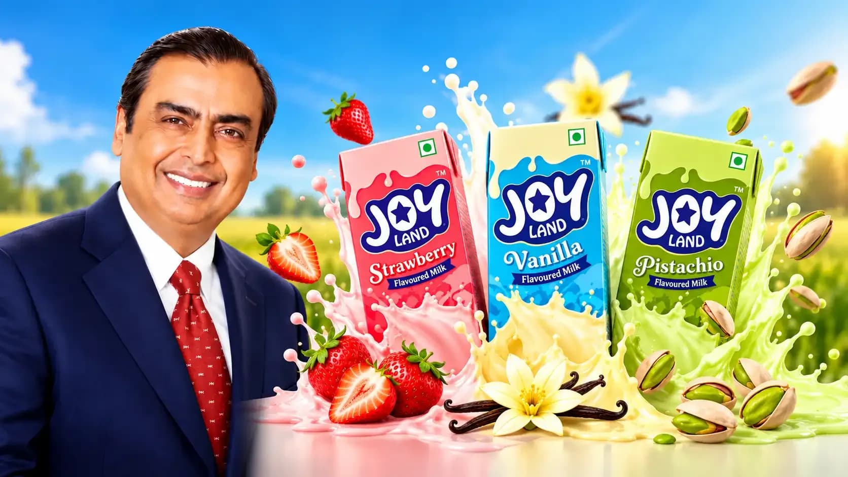 Reliance Joyland flavoured milk cartons in strawberry, vanilla and pistachio flavours featured in a promotional banner highlighting Reliance's entry into India's flavoured milk market.
