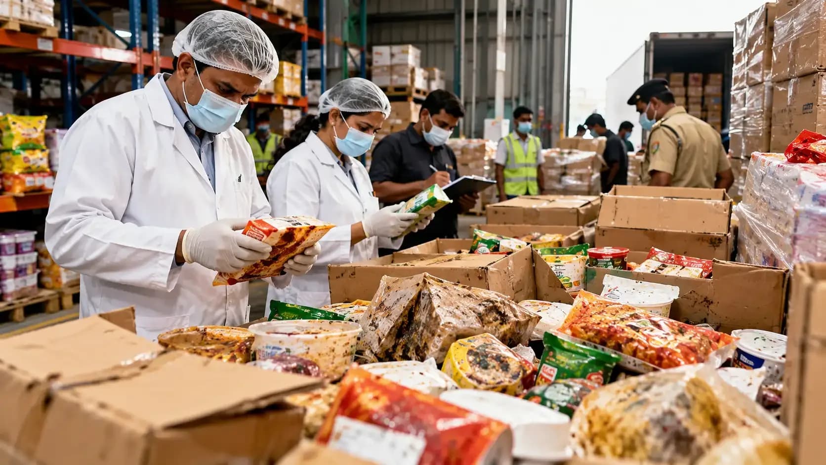 AI-generated illustration of food safety inspectors examining packaged food products at a warehouse during an inspection.