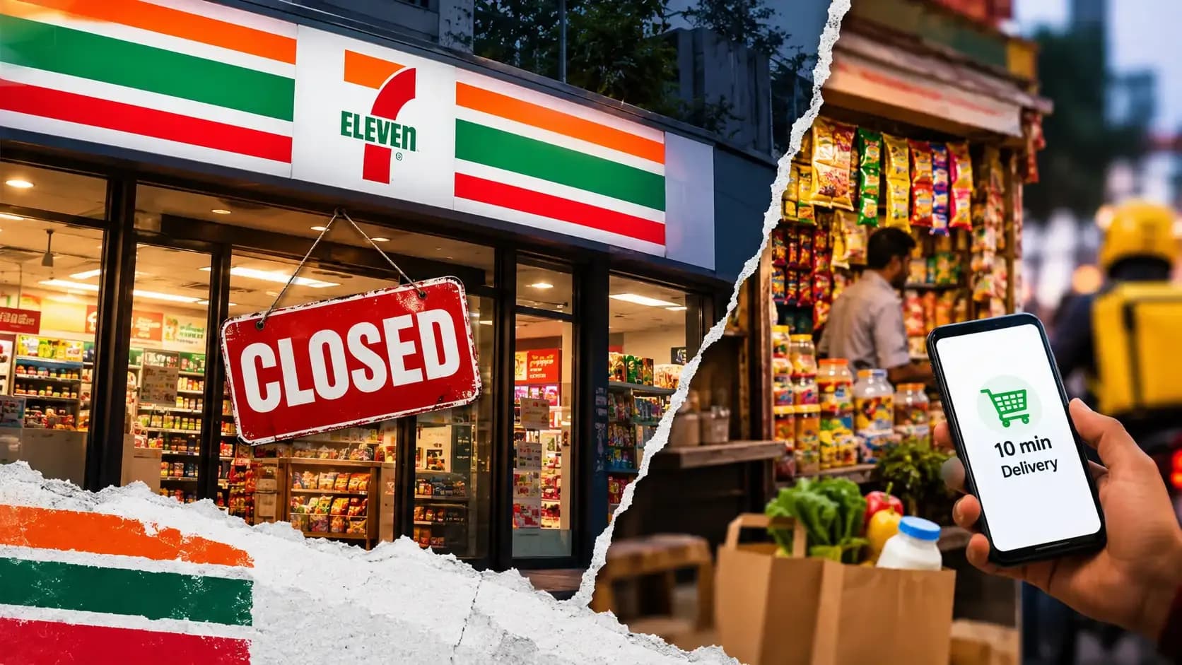 Reliance Retail and 7-Eleven India partnership ends as a 7-Eleven store marked closed is contrasted with a local kirana shop and quick-commerce delivery.