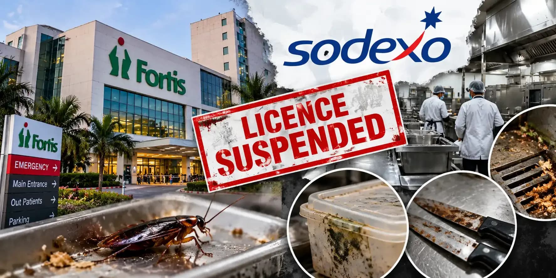 Fortis Hospital Mulund and Sodexo kitchen collage highlighting Maharashtra FDA’s reported licence suspension following hygiene violations, including cockroaches, fungus-affected food containers and rusted knives.