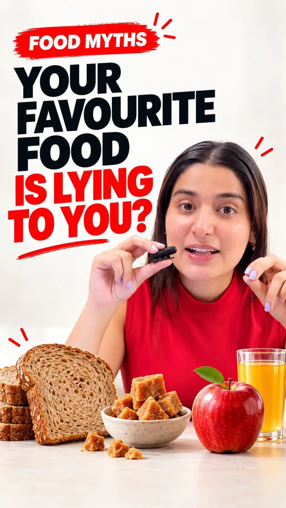 Indian Food Times food myth Reel thumbnail featuring a woman in a red top holding a microphone, with whole wheat bread, jaggery, an apple and fruit juice. Bold red and black text reads “Food Myths: Your Favourite Food Is Lying to You?” on a clean off-white background.