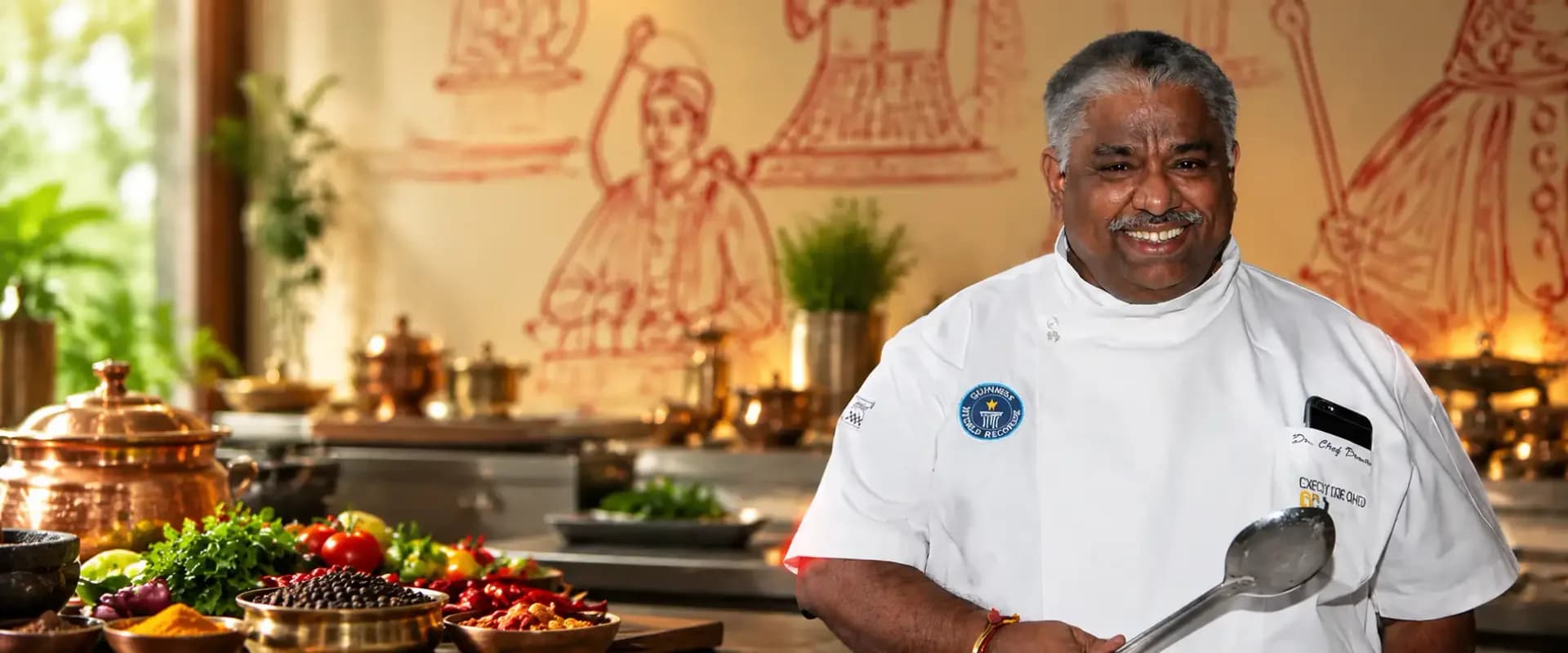 Chef Damu, Padma Shri award-winning chef, smiling in his white chef uniform while holding a ladle in a professional kitchen setting.