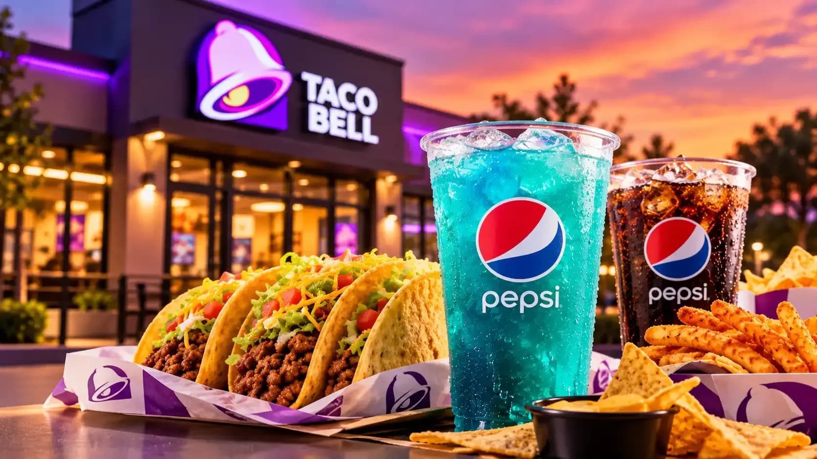 Taco Bell and Pepsi beverages with tacos and nachos outside a Taco Bell restaurant, illustrating the renewed PepsiCo partnership through 2036.