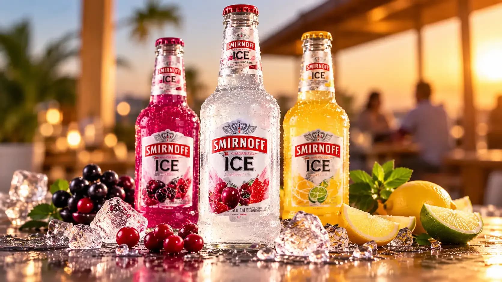 Smirnoff Ice bottles in different flavours displayed with ice, berries and citrus fruits, representing Diageo India's entry into the ready-to-drink alcoholic beverages market.