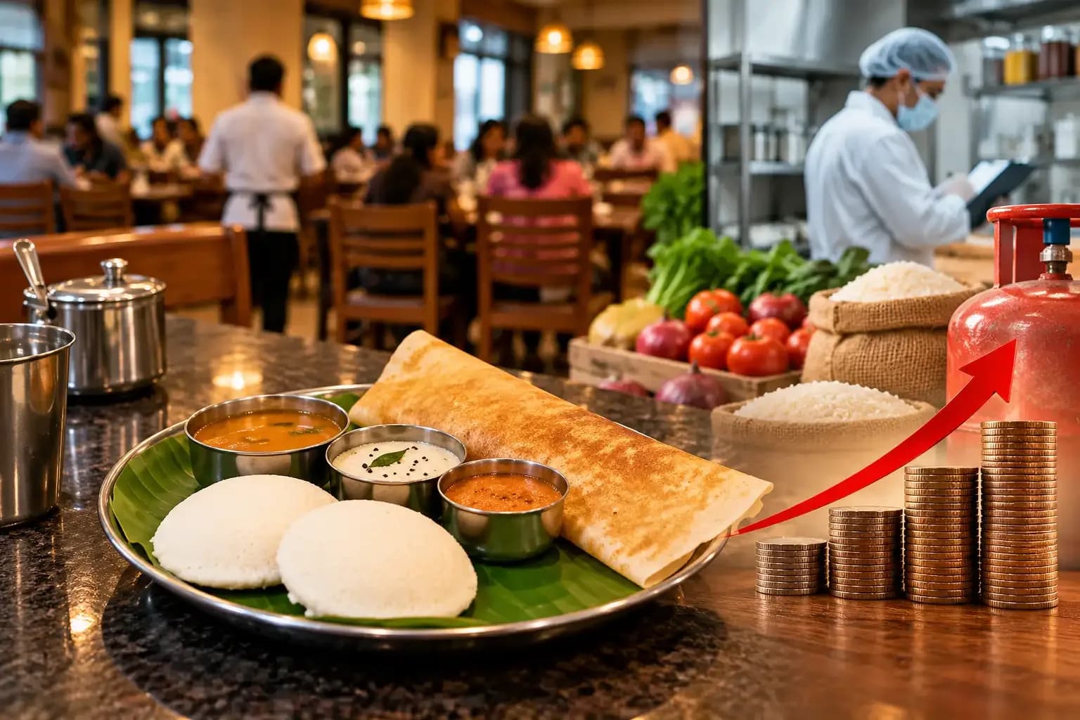 Mumbai restaurant serving idli and dosa as rising food, LPG and hygiene costs drive a potential 10–15% menu price hike amid FDA scrutiny.