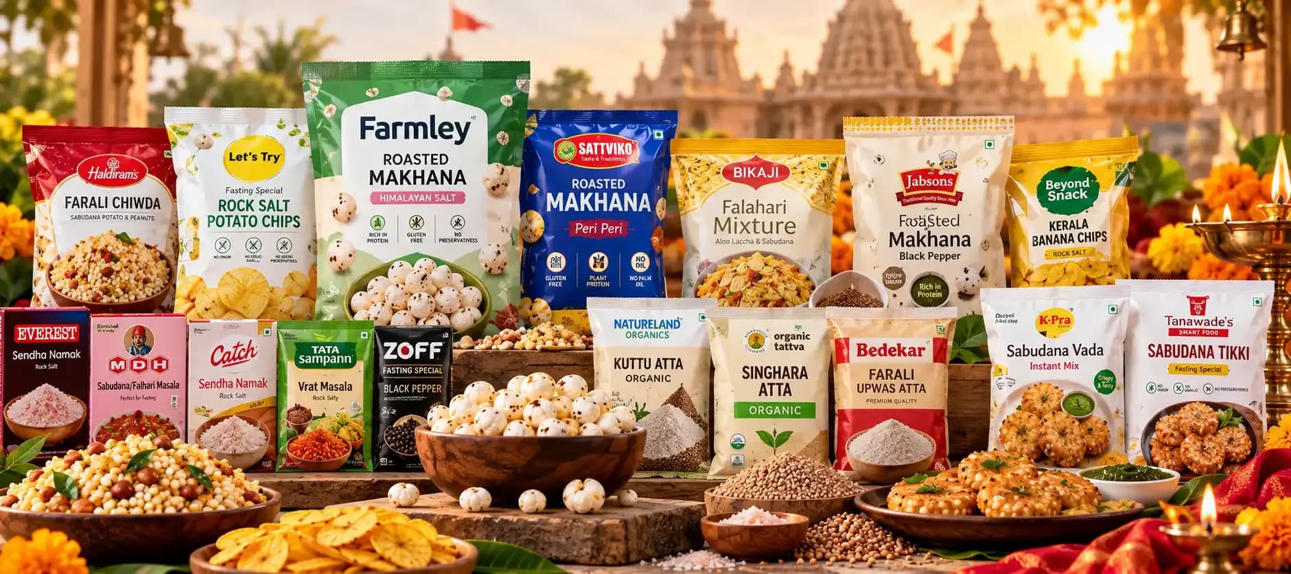 Packaged Indian vrat food products featuring makhana, sabudana snacks, banana chips, fasting flours, spices and ready-to-cook foods, representing the growing packaged fasting-food market in India.