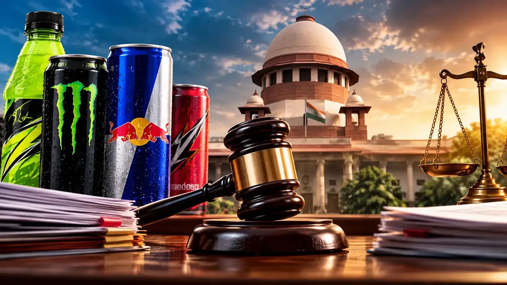 PepsiCo and Monster energy drink cans shown with a courtroom, gavel and scales of justice, representing their legal challenge against FSSAI’s energy drink labelling order.