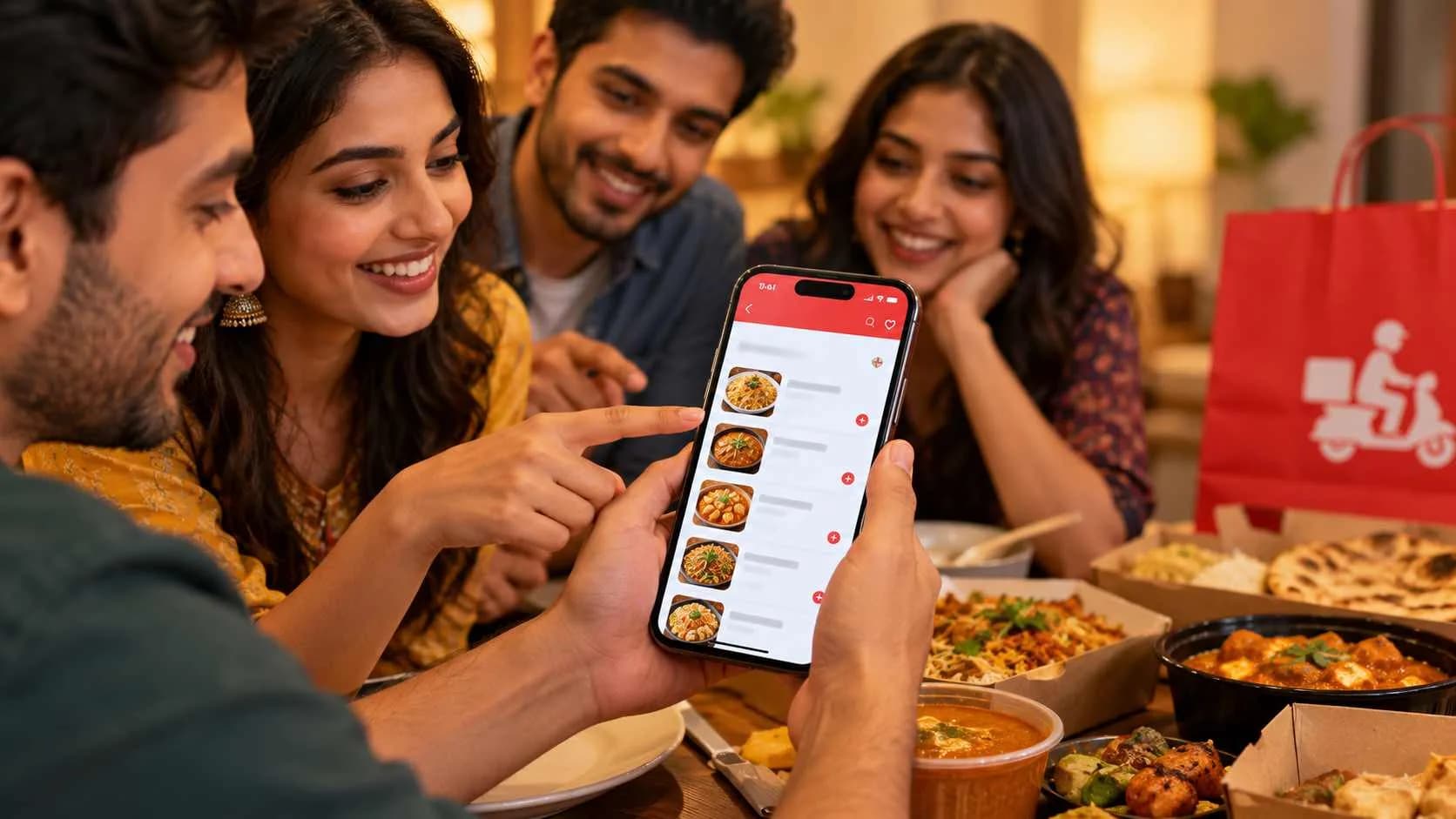 Friends choosing Indian food together on a smartphone during a group order, with takeaway dishes and a red food delivery bag on the table.