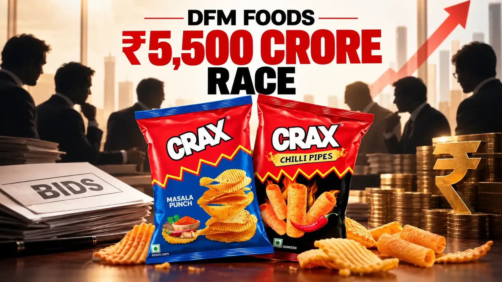 DFM Foods ₹5,500 crore acquisition race featuring Crax snacks, as EQT, Emami, Balaji Wafers, ITC, TPG and ChrysCapital compete to acquire the company.
