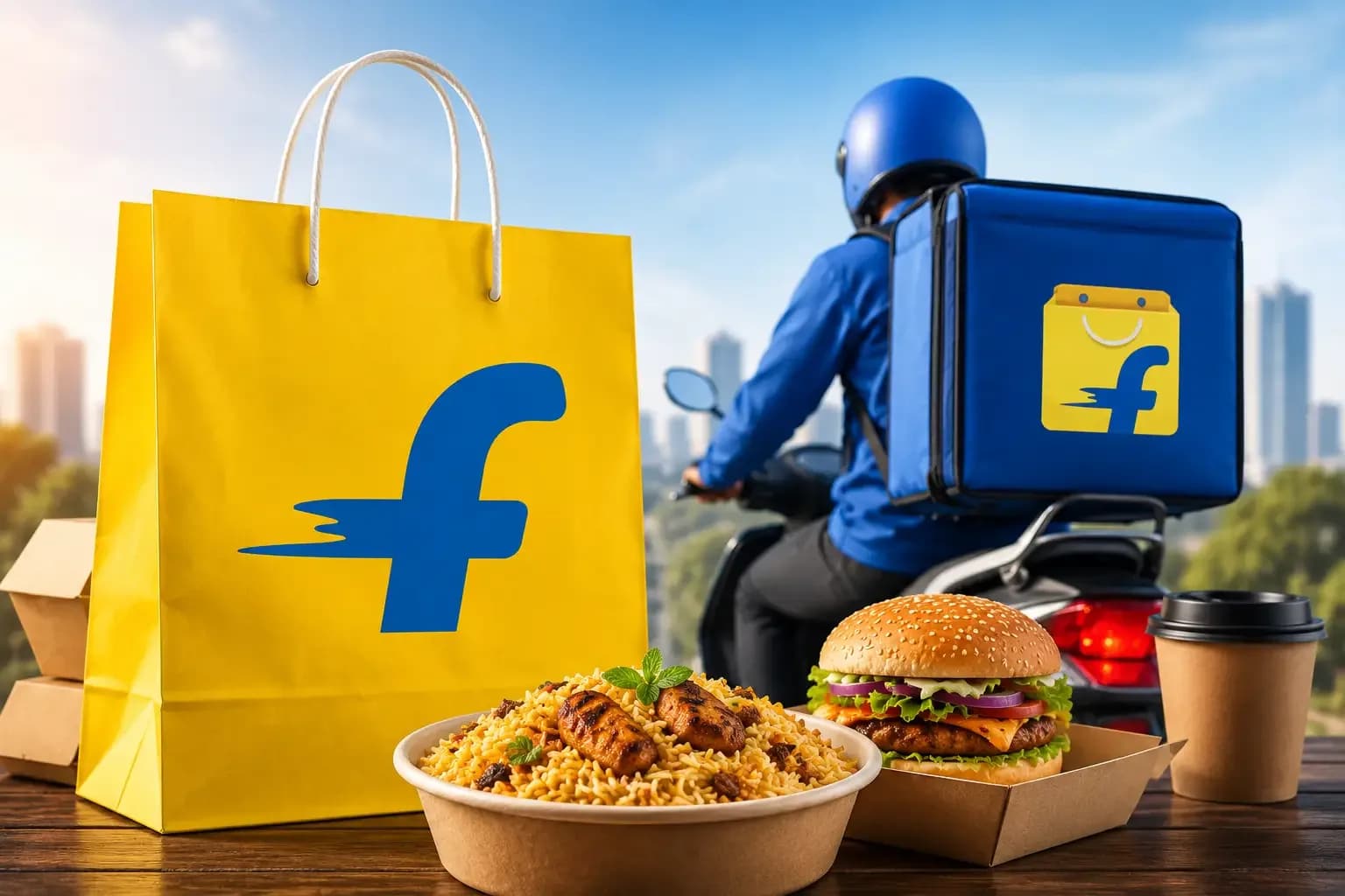 Representational illustration depicting Flipkart's entry into India's food delivery market with a delivery rider, food orders, and branded delivery bags, symbolizing its Bengaluru pilot launch.