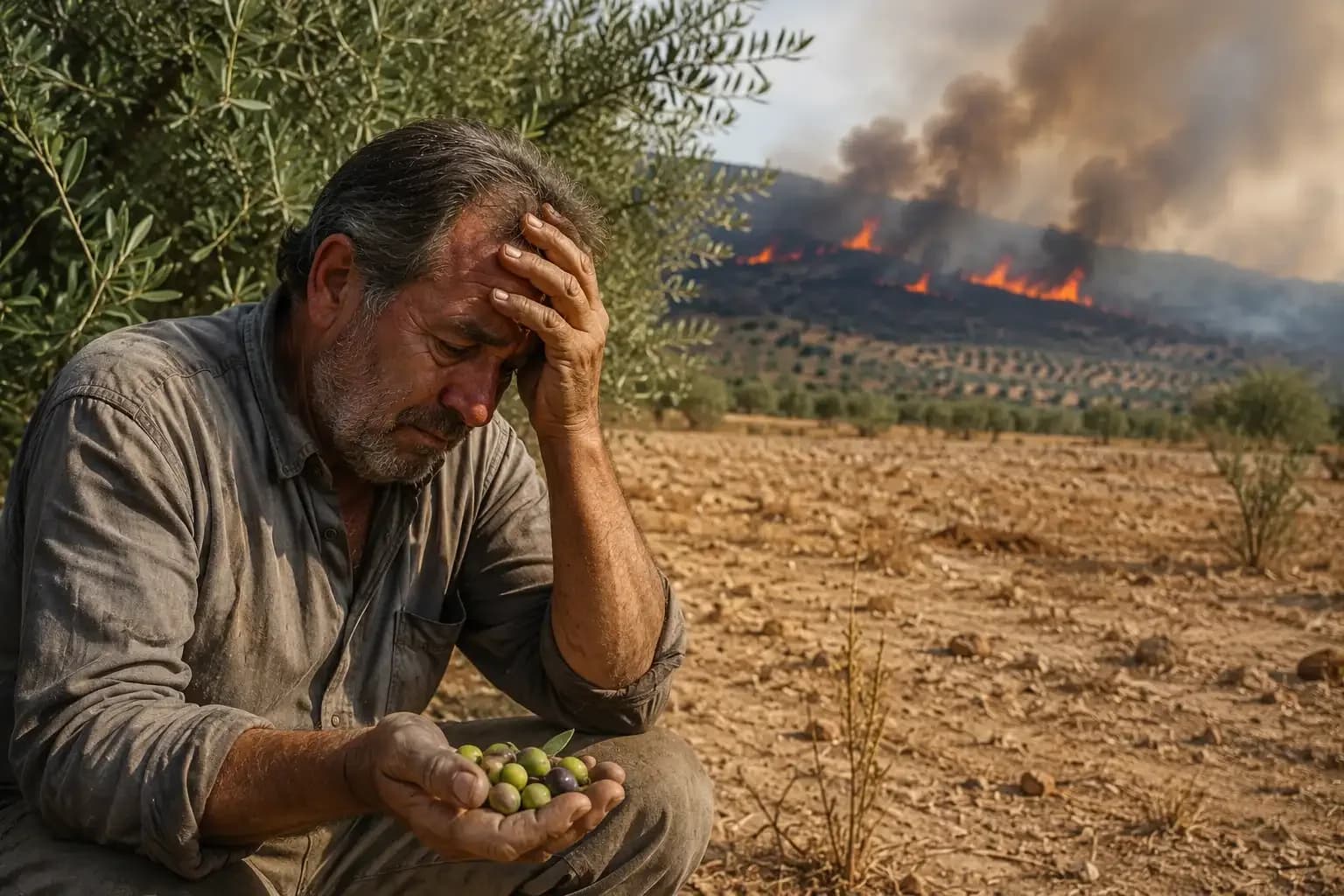 A distressed olive farmer holding damaged olives as drought and wildfires threaten olive harvests in Europe, leading to rising olive oil prices and potential impact on India's imported food market.