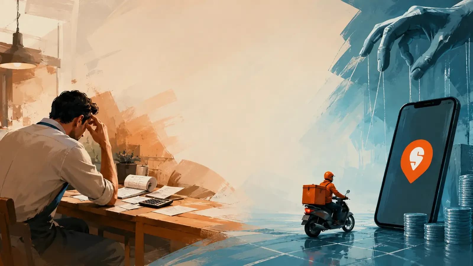 Editorial illustration showing a restaurant owner reviewing promotional charges while a food delivery platform, delivery rider and digital advertising system appear in the background