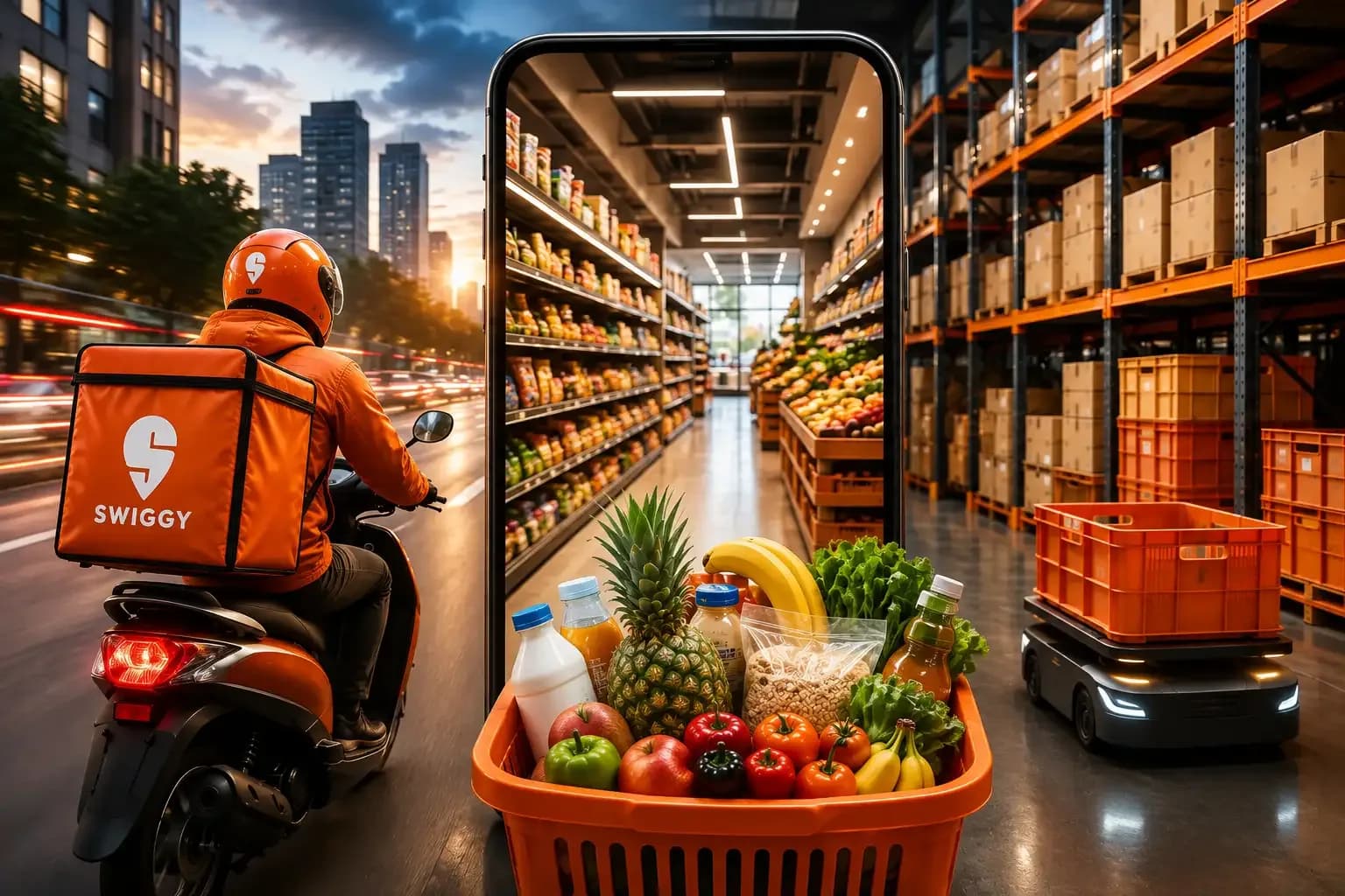 Swiggy Instamart delivery rider with branded bag, grocery basket, smartphone shopping interface and dark-store warehouse representing Swiggy's evolving quick-commerce strategy