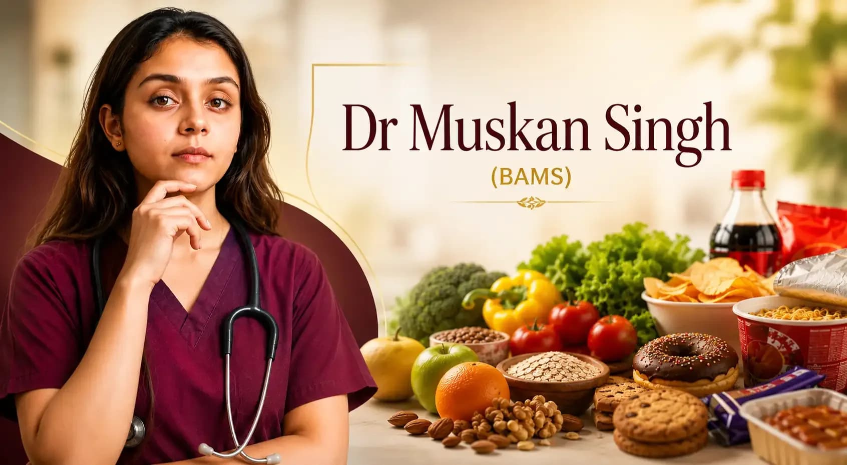Dr. Muskan Singh (BAMS) featured in a health and nutrition banner with fresh foods and ultra-processed foods, highlighting the discussion around healthy food choices.