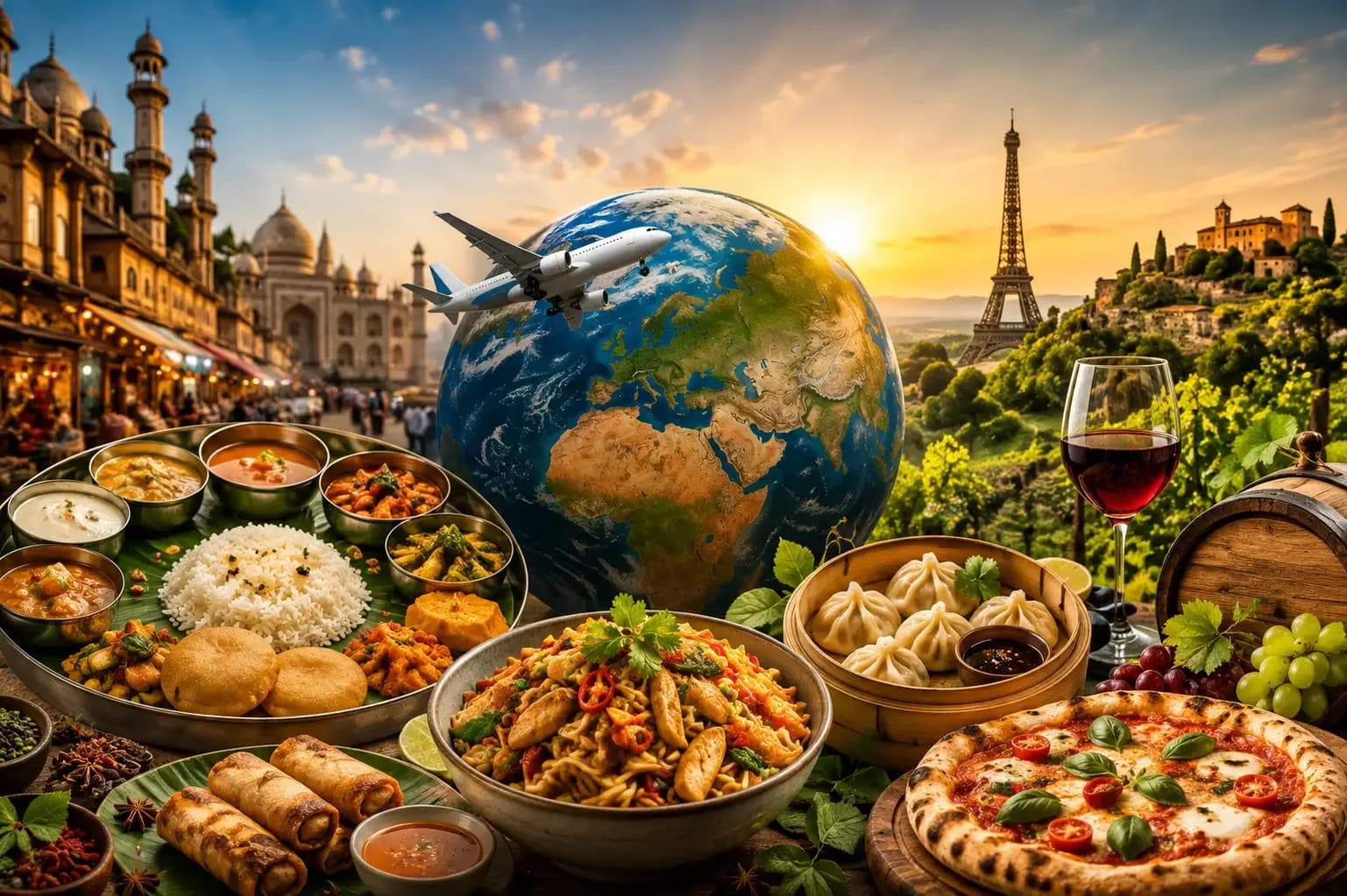 Representational illustration showcasing global food tourism with iconic world landmarks, diverse international cuisines, Indian traditional dishes, and travel elements symbolizing the growing culinary tourism industry worldwide.