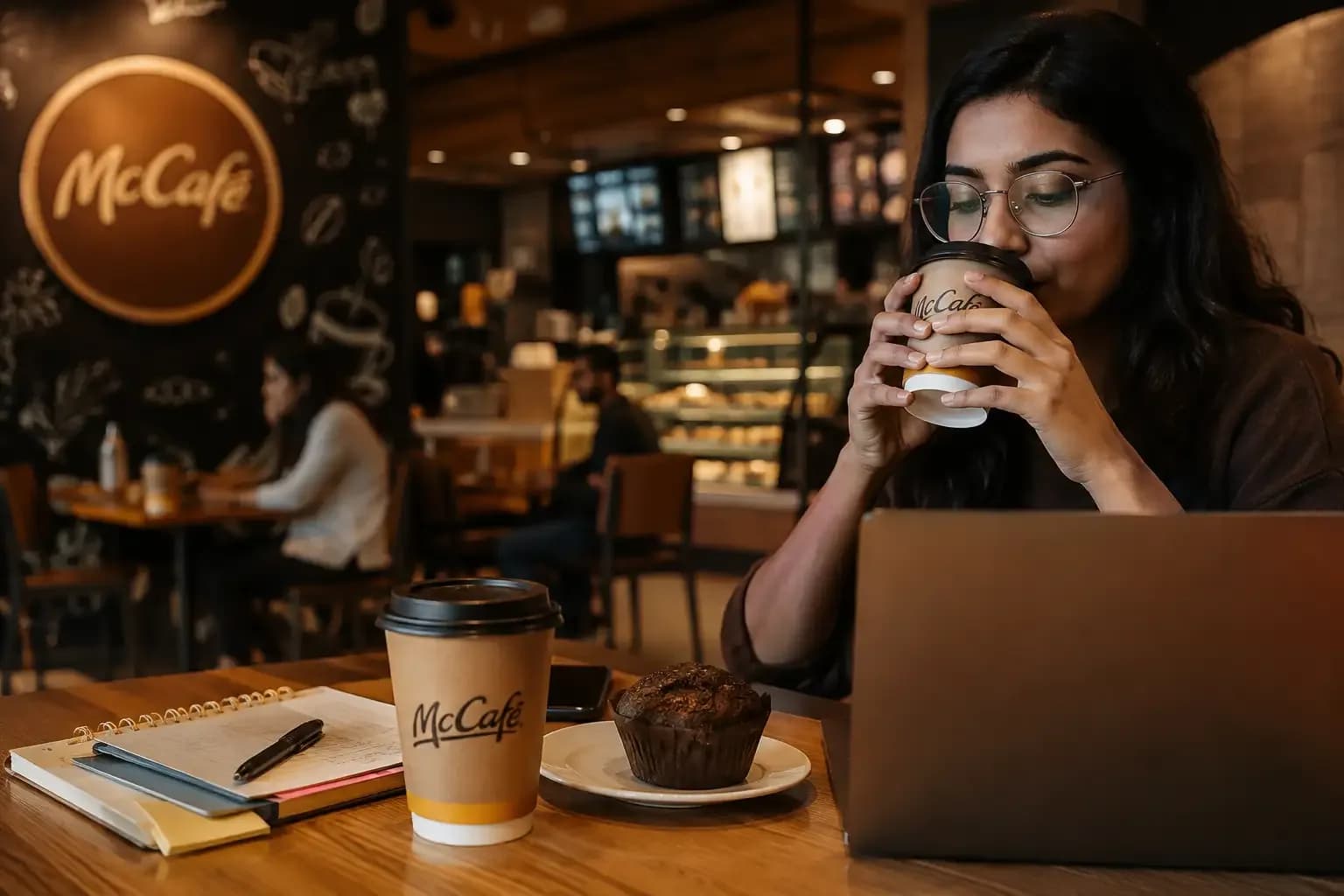 Young Indian woman enjoying McCafé coffee while working on a laptop in a modern café, reflecting the rise of everyday coffee culture in India.