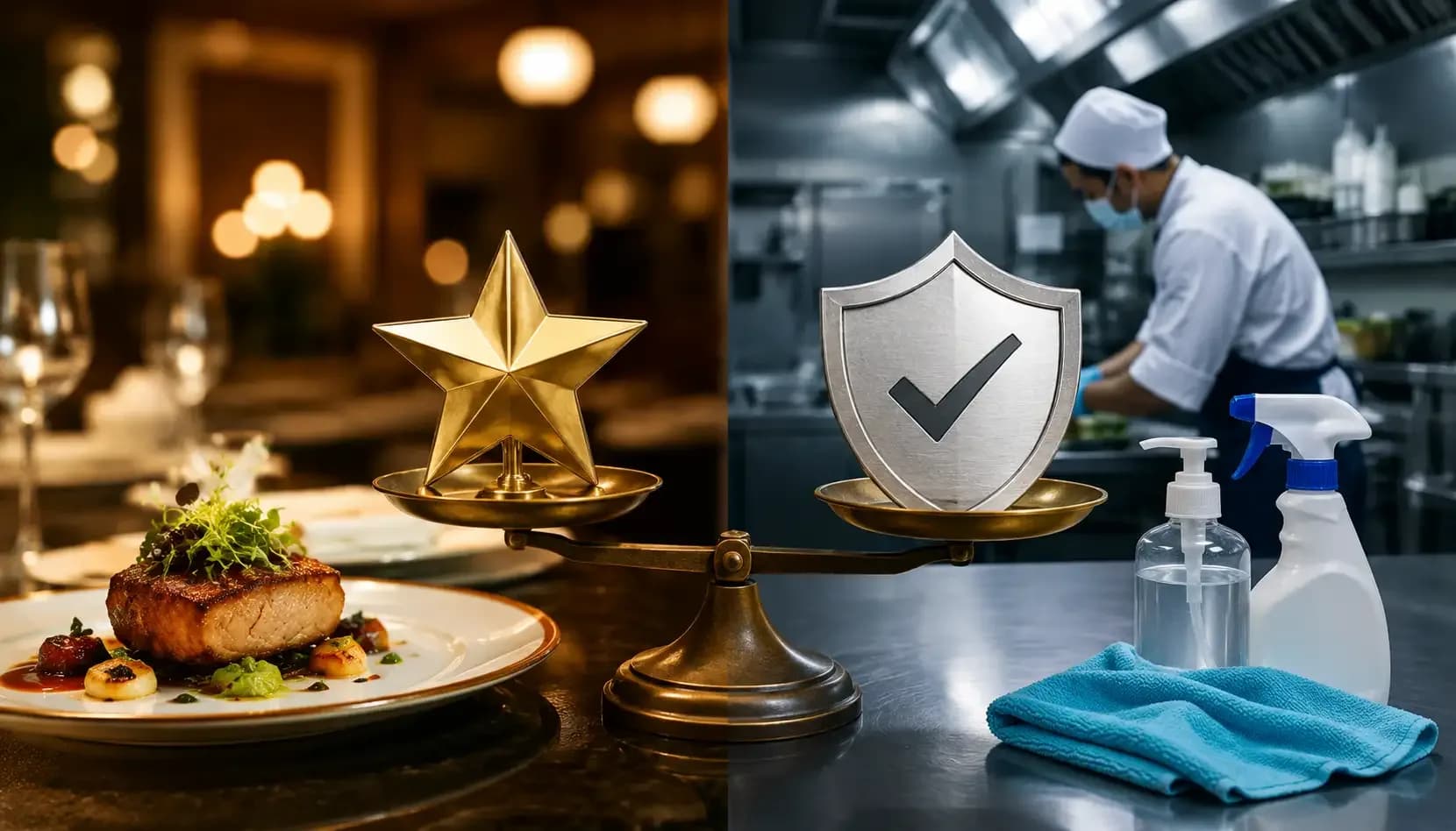 Conceptual comparison between fine-dining recognition and restaurant food safety, showing a gourmet dish and gold star on one side and a hygienic professional kitchen with a safety shield on the other.