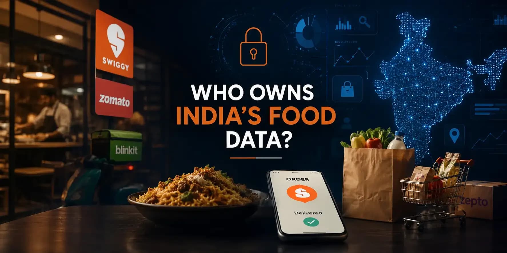 Editorial illustration showing food delivery, quick commerce and consumer data across India, with Swiggy, Zomato, Blinkit and Zepto imagery, a digital map of India and a data lock symbol.