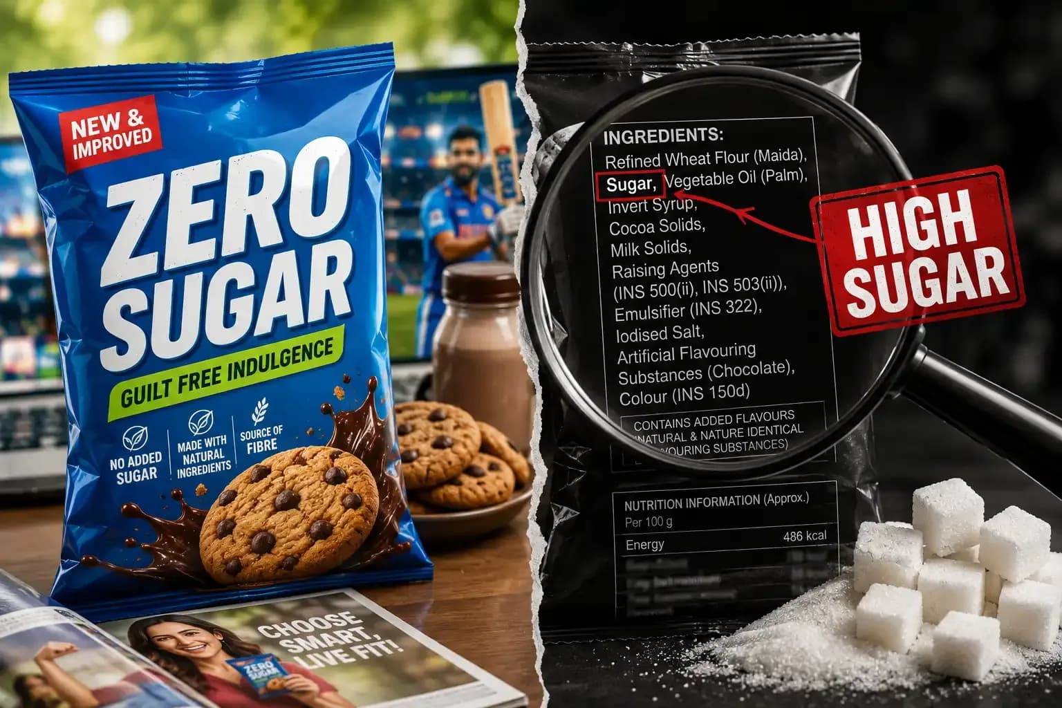 Split-screen food packaging concept showing a bold “ZERO SUGAR” product claim on one side and a magnifying glass highlighting sugar in the ingredients and nutrition panel with a “HIGH SUGAR” warning on the other.