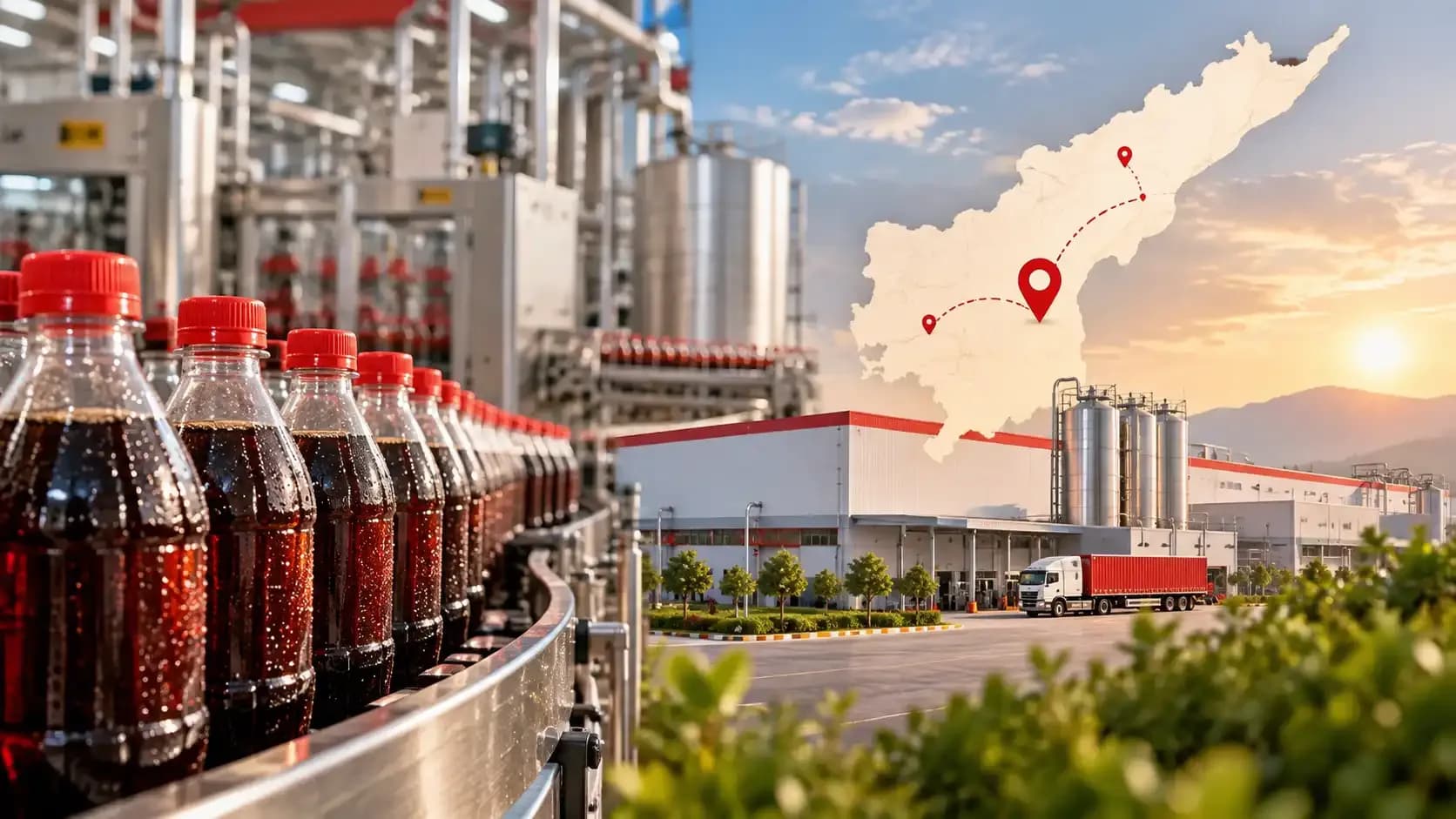 Hindustan Coca-Cola Beverages manufacturing facility with beverage bottles, production lines and an Andhra Pradesh map highlighting the company’s planned expansion in Vizianagaram and Chittoor.