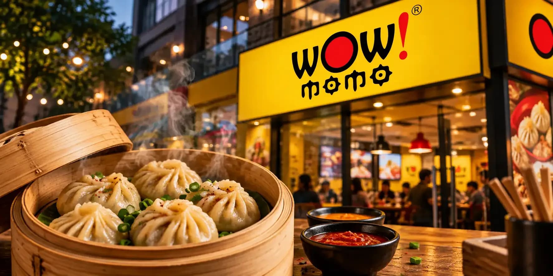 Steaming momos served in a bamboo basket with Wow! Momo restaurant storefront in the background, representing India’s growing momo market.