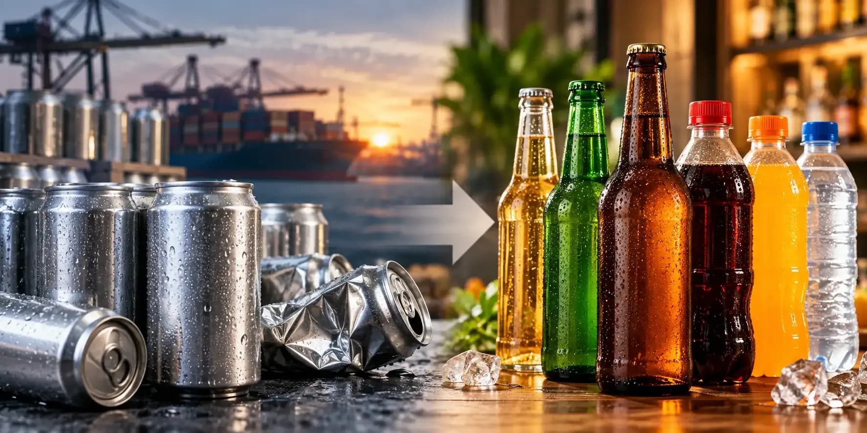 Aluminium beverage cans alongside glass and PET bottles, illustrating the shift in India's beverage industry from cans to alternative packaging.