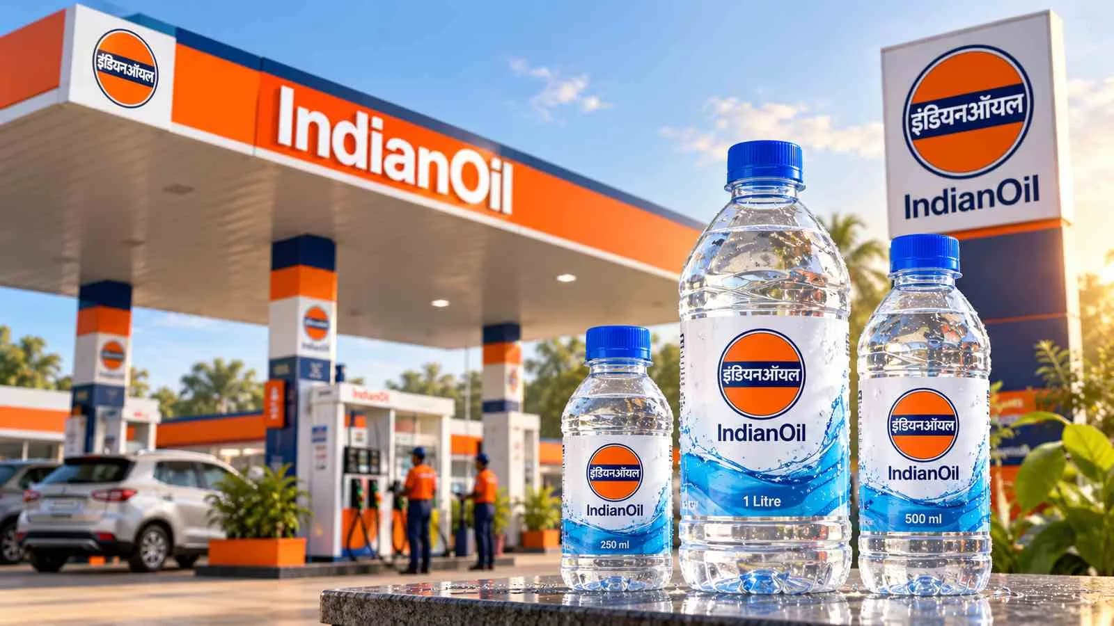 IndianOil packaged drinking water bottles displayed at an IndianOil fuel station as the company plans to launch its own branded packaged water across 43,000+ retail outlets in India.