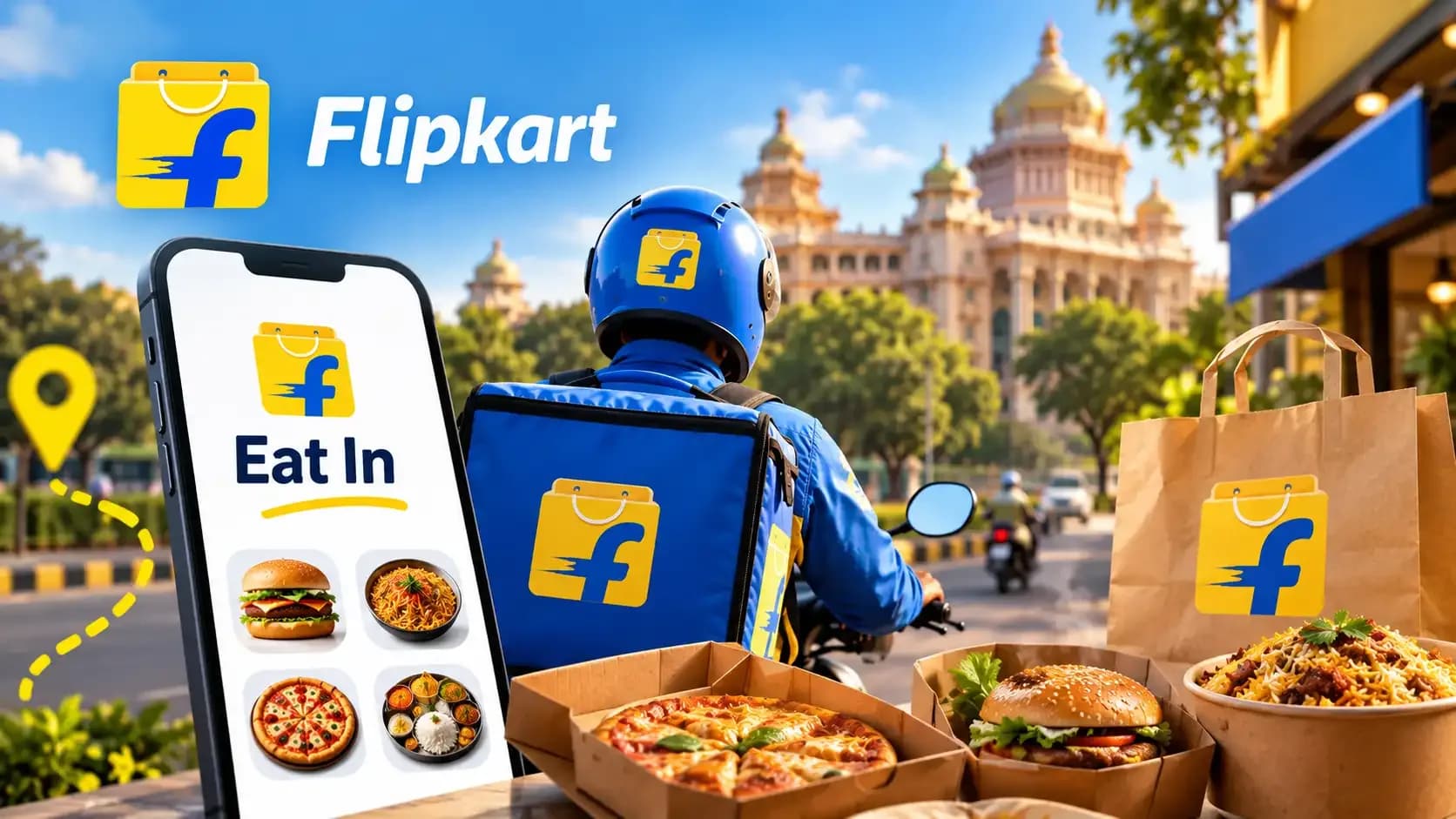 Flipkart Eat In food delivery service banner featuring a delivery rider, branded delivery bag, smartphone showing food options, and Indian dishes in Bengaluru.