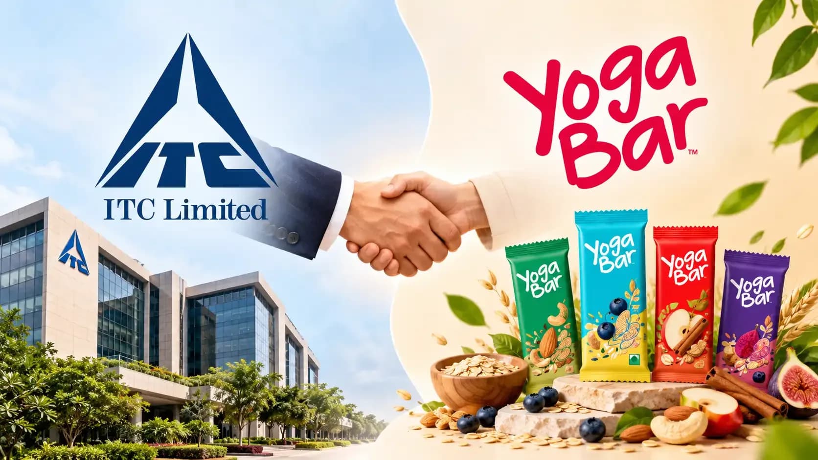 ITC Limited and Yoga Bar acquisition banner featuring the ITC logo, Yoga Bar products and a handshake representing ITC's acquisition of Yoga Bar parent Sproutlife Foods.