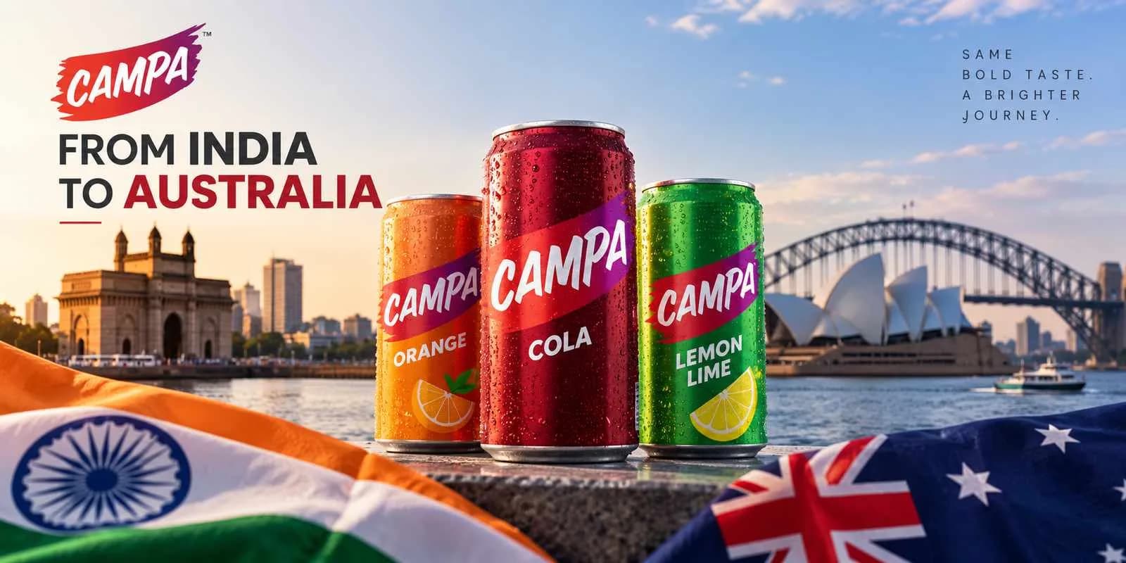 Reliance Campa launches in Australia with Campa cans featuring India and Sydney landmarks.